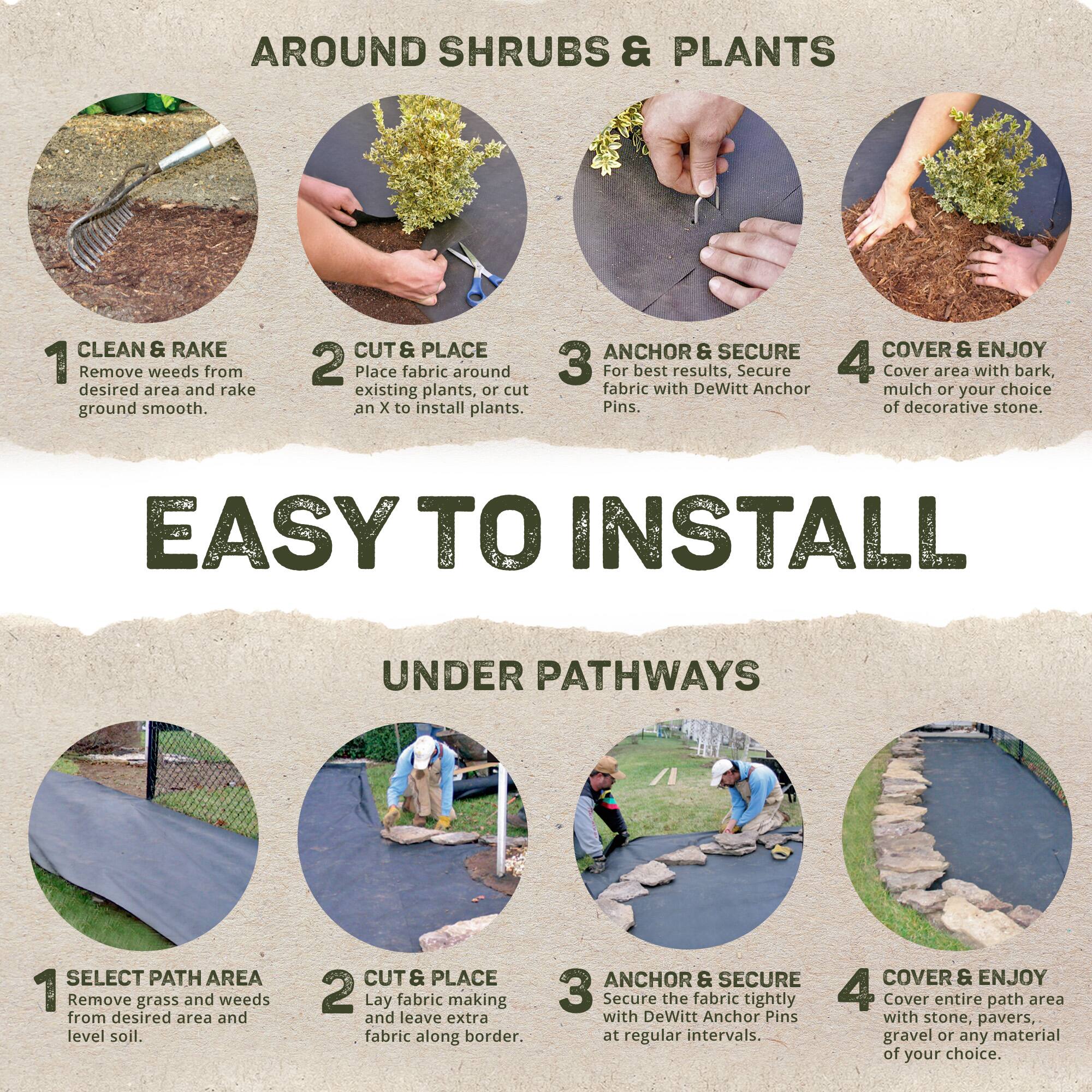 AROUND SHRUBS & PLANTS

1. CLEAN & RAKE
   Remove weeds from desired area and rake ground smooth.

2. CUT & PLACE
   Place fabric around existing plants, or cut an X to install plants.

3. ANCHOR & SECURE
   For best results, secure fabric with DeWitt Anchor Pins.

4. COVER & ENJOY
   Cover area with bark, mulch or your choice of decorative stone.

EASY TO INSTALL

UNDER PATHWAYS

1. SELECT PATH AREA
   Remove grass and weeds from desired area and level soil.

2. CUT & PLACE
   Lay fabric making and leave extra fabric along border.

3. ANCHOR & SECURE
   Secure the fabric tightly with DeWitt Anchor Pins at regular intervals.

4. COVER & ENJOY
   Cover entire path area with stone, pavers, gravel or any material of your choice.