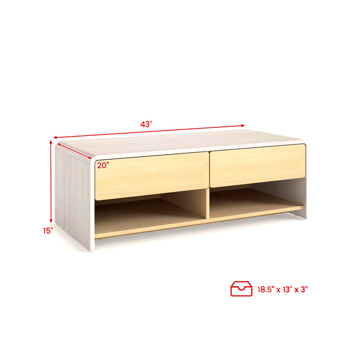 43" x 20" x 15"  
18.5" x 13" x 3"