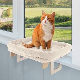 PetMaker - Cat Bed for Window Sill Cat Window Perch Hammock with Bolster, Washable Cover and Sturdy Wood Frame for Large Cats - Cream