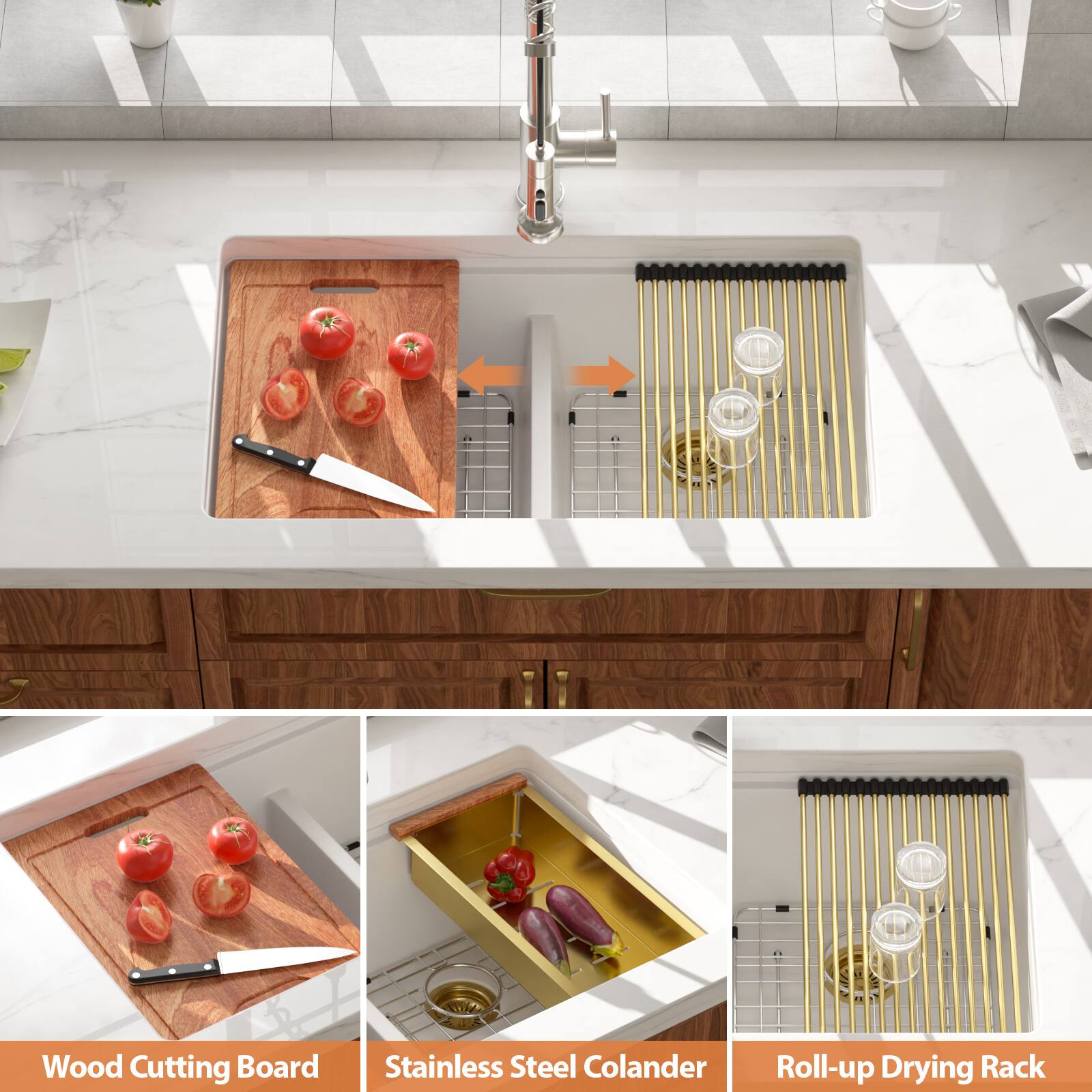 Wood Cutting Board  
Stainless Steel Colander  
Roll-up Drying Rack