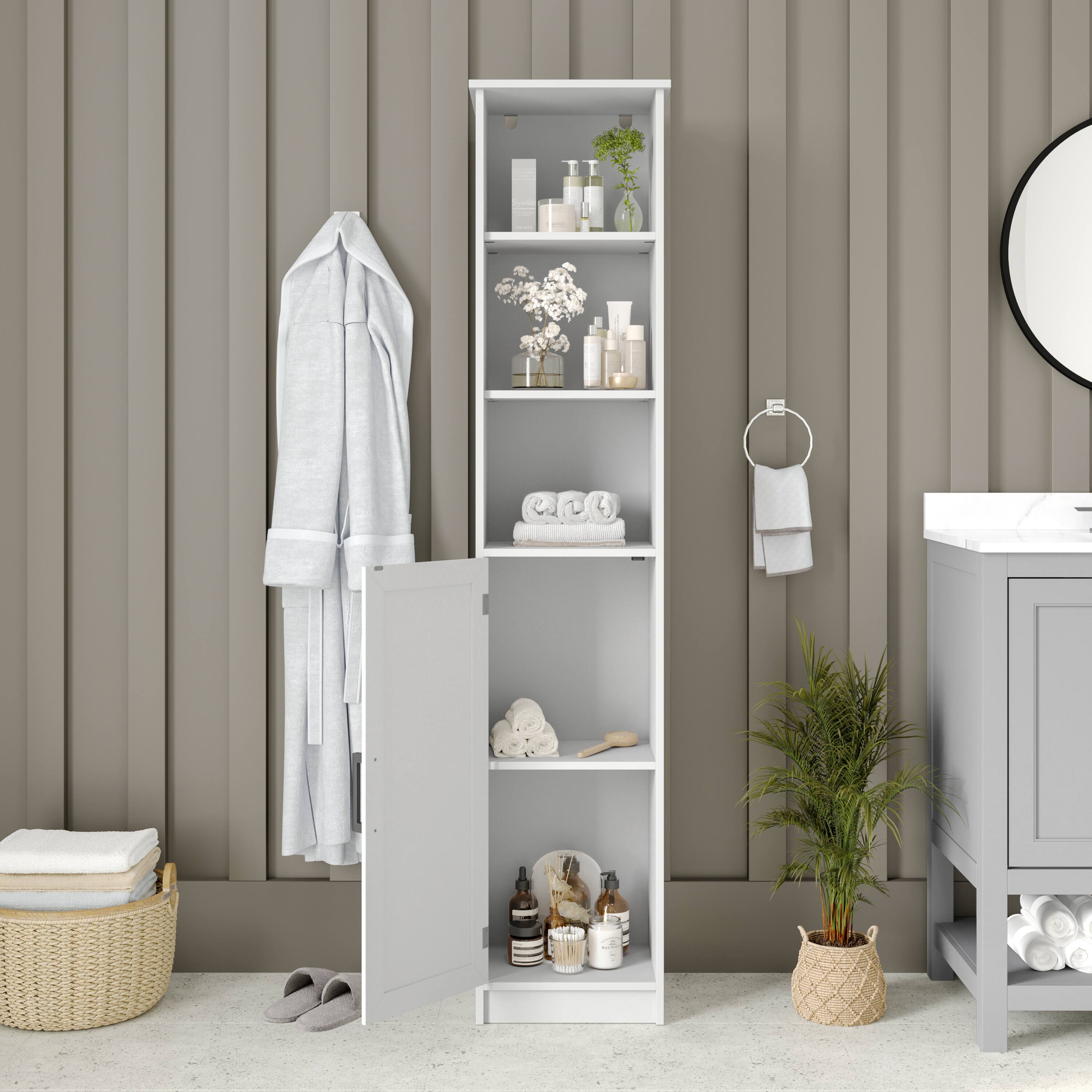 Alt View 3. Emma + Oliver - Modern Freestanding Linen Tower with Shelves and Magnetic Close Door - White.