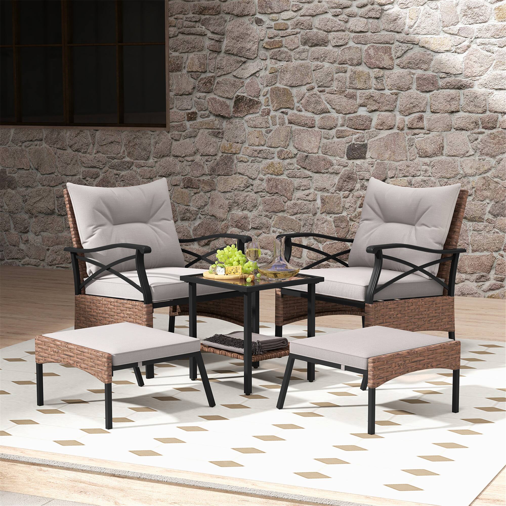 Alt View 8. Gymax - Gymax 5PCS Wicker Patio Furniture Set Rattan Chairs w/ 2-Tier Tempered Glass Side Table - Brown.