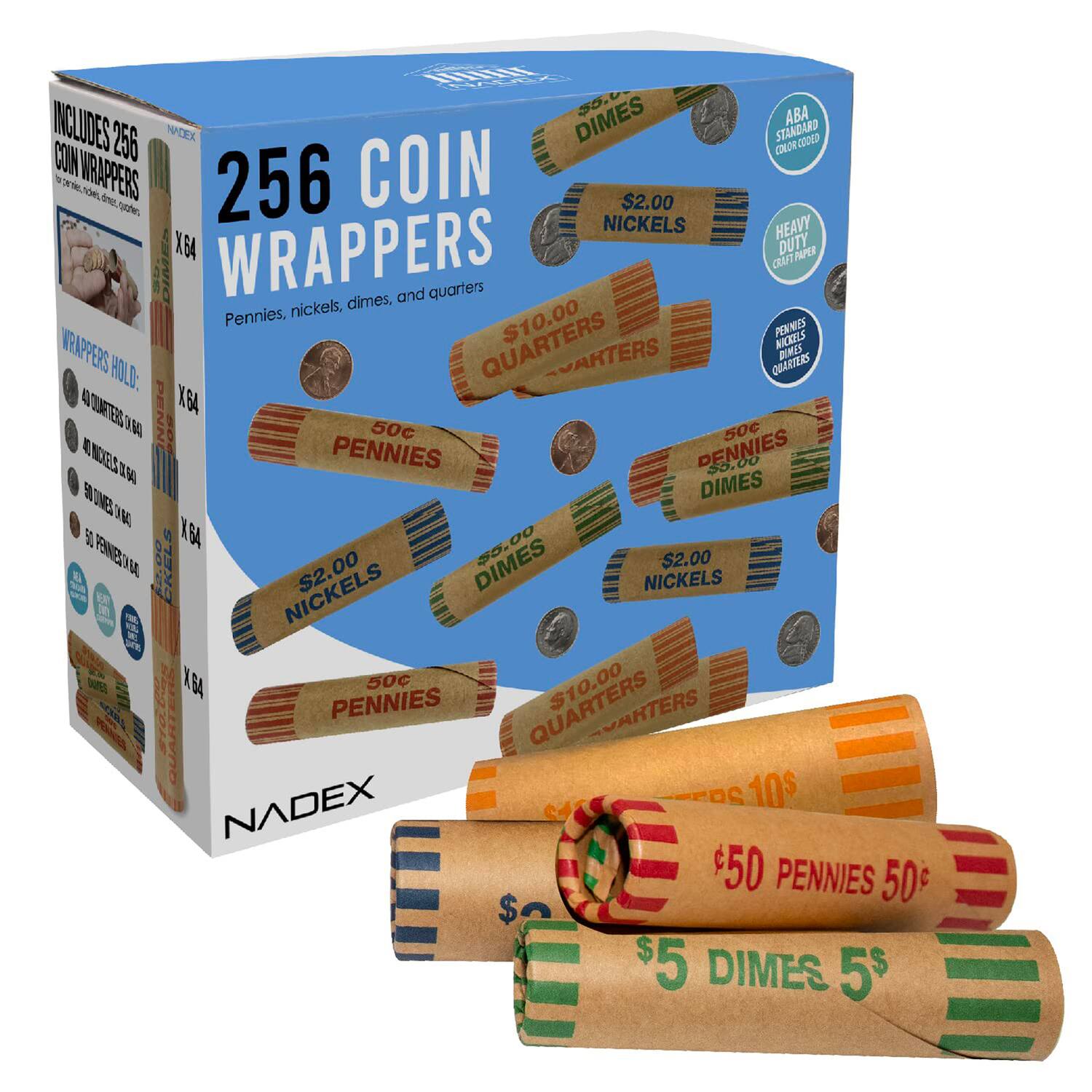 NADex 256 Coin Wrappers  
Includes 256 Coin Wrappers  
Pennies, Nickels, Dimes, and Quarters  
Wrappers Hold:  
- 40 Quarters x 64  
- 40 Nickels x 64  
- 50 Dimes x 64  
- 50 Pennies x 64  

$10.00 Quarters  
$2.00 Nickels  
$2.00 Nickels  
$5.00 Dimes  
$50 Pennies 50¢  
$50 Pennies 50¢  
$5 Dimes 5$  
$2.00 Nickels  
$2.00 Nickels  
$5 Dimes 5$  
$50 Pennies 50¢  
$50 Pennies 50¢  
$10.00 Quarters  
$2.00 Nickels  
$2.00 Nickels  
$5 Dimes 5$  
$50 Pennies 50¢  
$50 Pennies 50¢  
$10.00 Quarters  
$2.00 Nickels