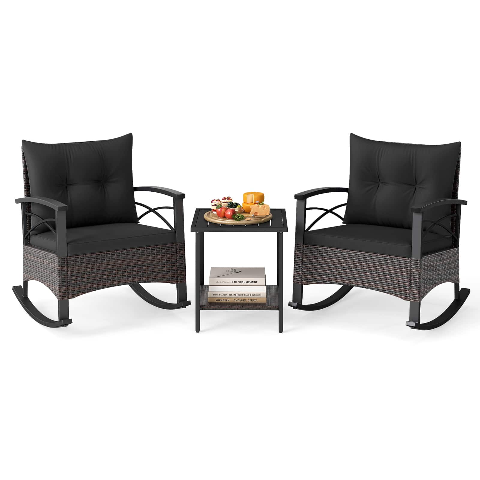 Ecooso - 3-Piece PE Rattan Rocking Bistro Set with Wood Top Table - Black