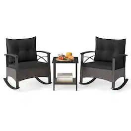 Ecooso - 3-Piece PE Rattan Rocking Bistro Set with Wood Top Table - Black