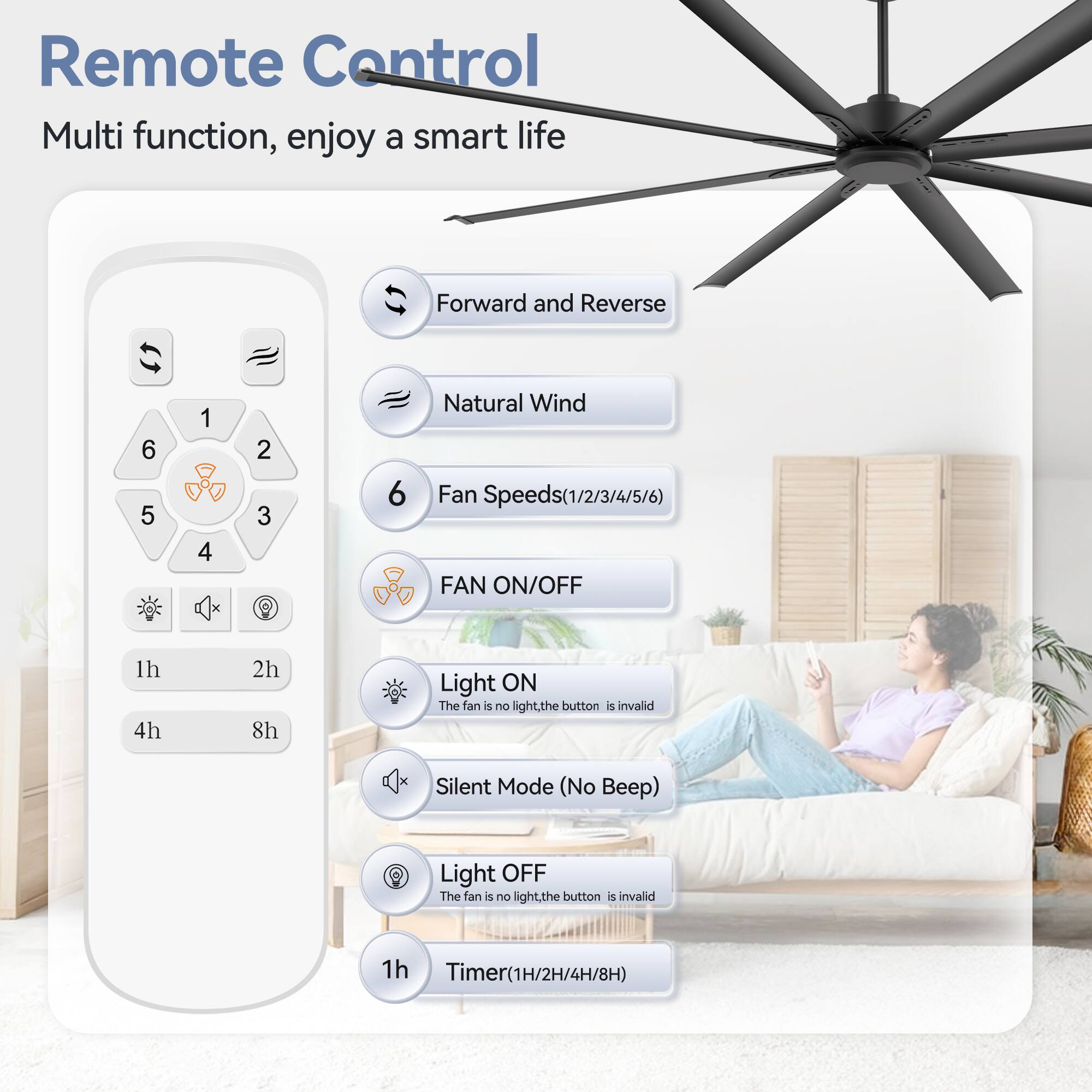 Remote Control  
Multi function, enjoy a smart life  

- Forward and Reverse  
- Natural Wind  
- Fan Speeds (1/2/3/4/5/6)  
- FAN ON/OFF  
- Light ON (No Beep)  
- Silent Mode (No Beep)  
- Light OFF  
- Timer (1H/2H/4H/8H)  

The fan is no light, the button is invalid.  
The fan is no light, the button is invalid.