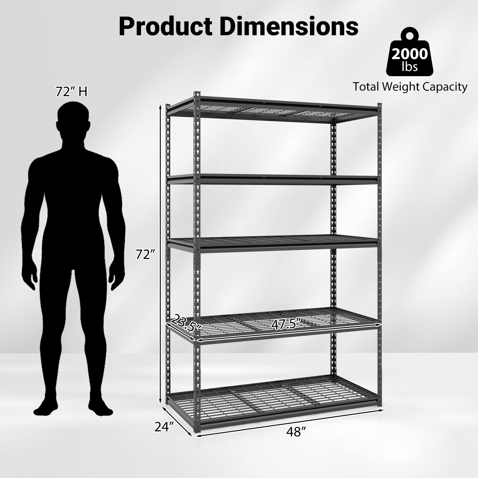 Product Dimensions  
72" H  
72" W  
24" D  
23.5" Shelf Depth  
47.5" Shelf Height  
48" Overall Depth  

Total Weight Capacity: 2000 lbs