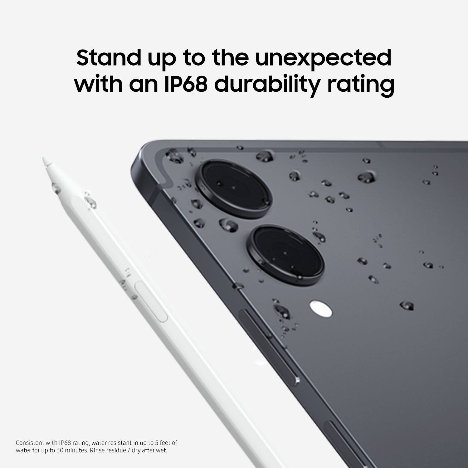 Stand up to the unexpected with an IP68 durability rating

Consistent with IP68 rating, water resistant in up to 5 feet of water for up to 30 minutes. Rinse residue / dry after wet.