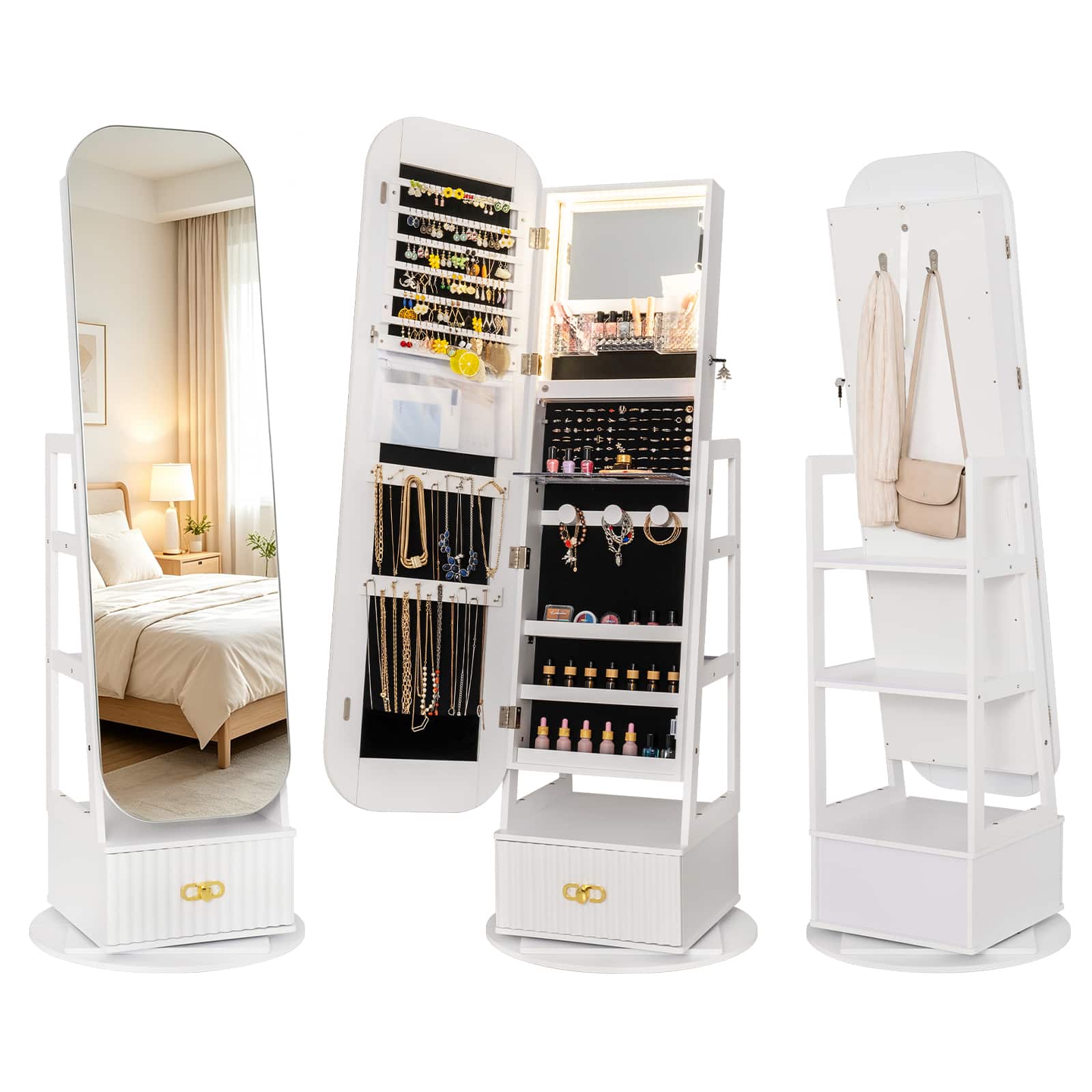 Front. Costway - Costway 360° Swivel Jewelry Cabinet with Full-Length Mirror, LED Lights, Storage Shelves.