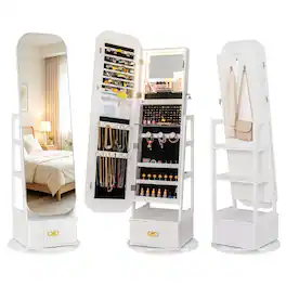 Costway - 360° Swivel Jewelry Cabinet with Full-Length Mirror, LED Lights, Storage Shelves