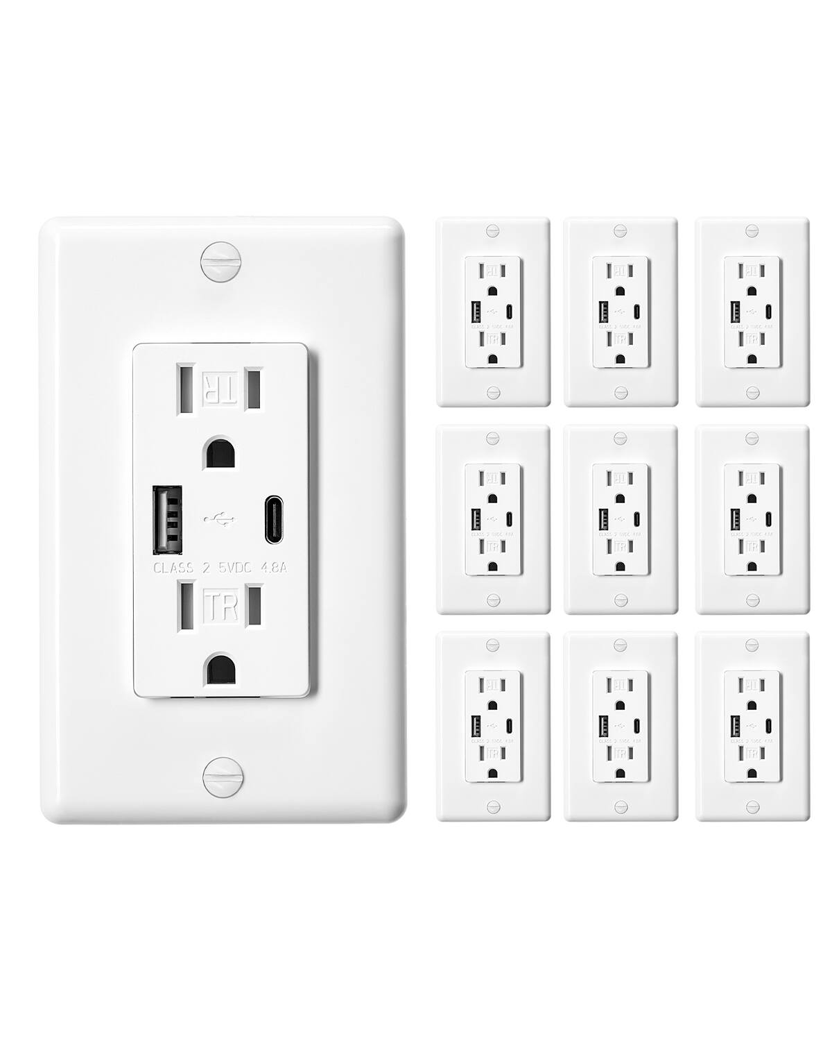 VEVOR - USB Wall Outlet, 24 W 15A Tamper Resistant Electrical Outlet with 1 Type C & 1 Type A Ports, 2 Three-prong AC Outlets - White + Black