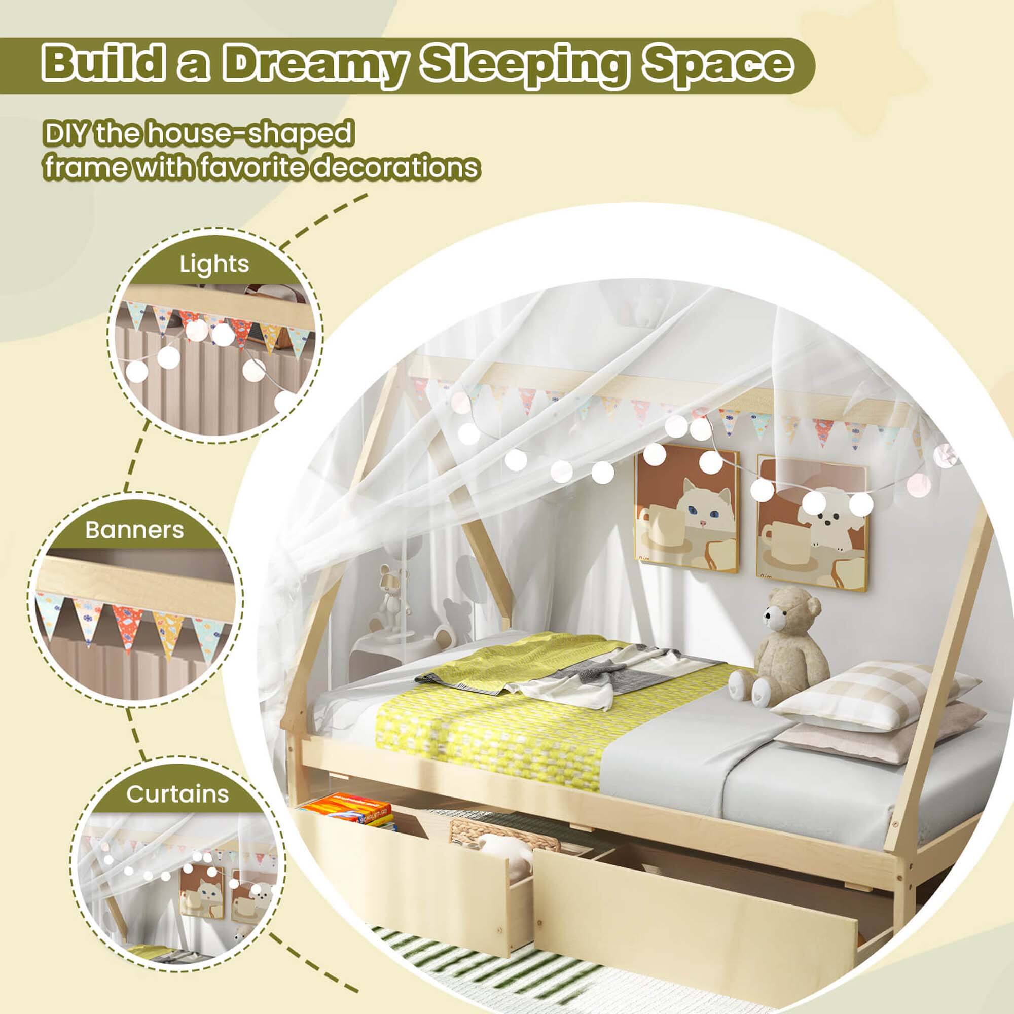Build a Dreamy Sleeping Space: DIY the house-shaped frame with favorite decorations, Lights, Banners, Curtains.