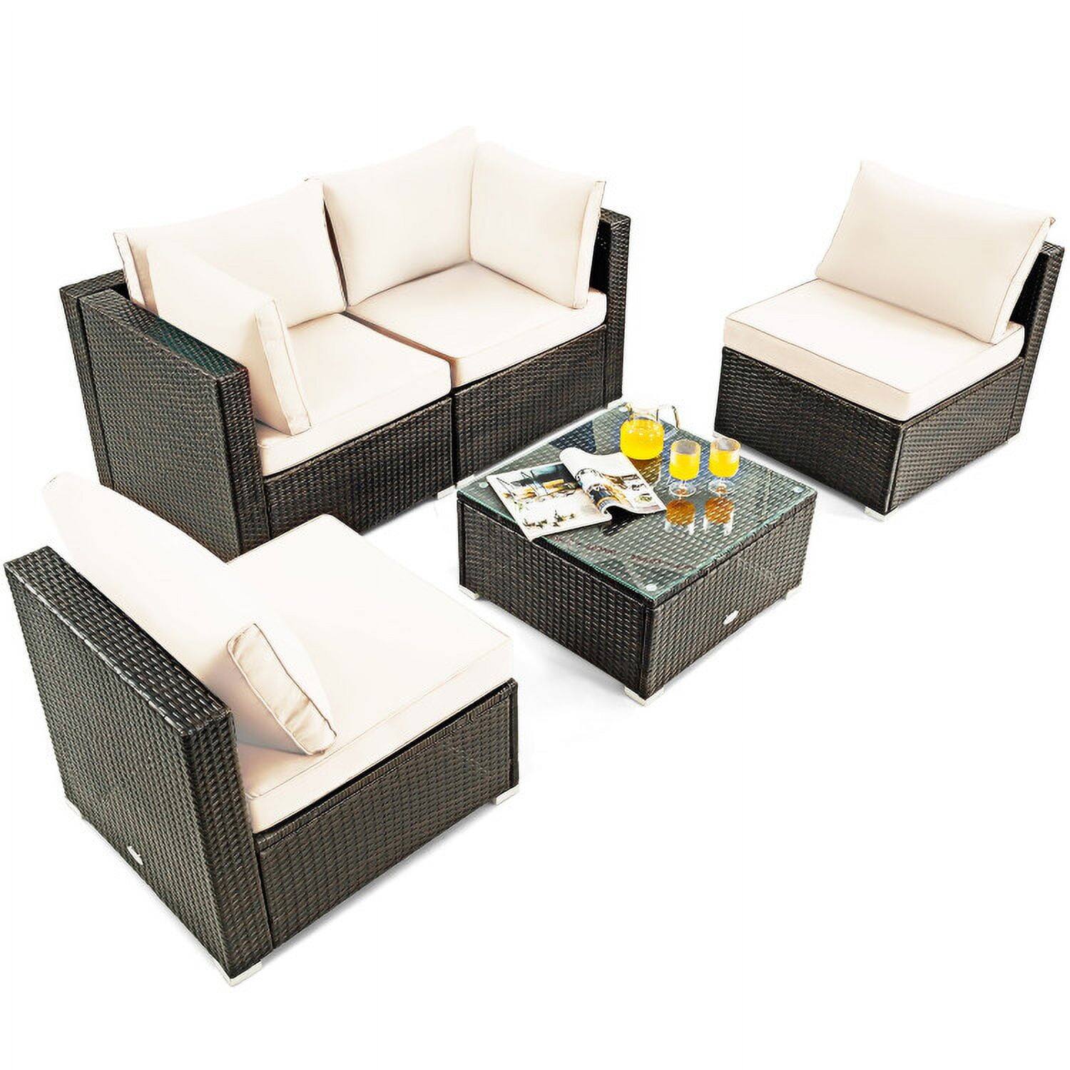 Alt View 4. Kadyn - 5 Pieces Cushioned Patio Rattan Furniture Set with Glass Table-White, Patio Seating Conversation Set - White.