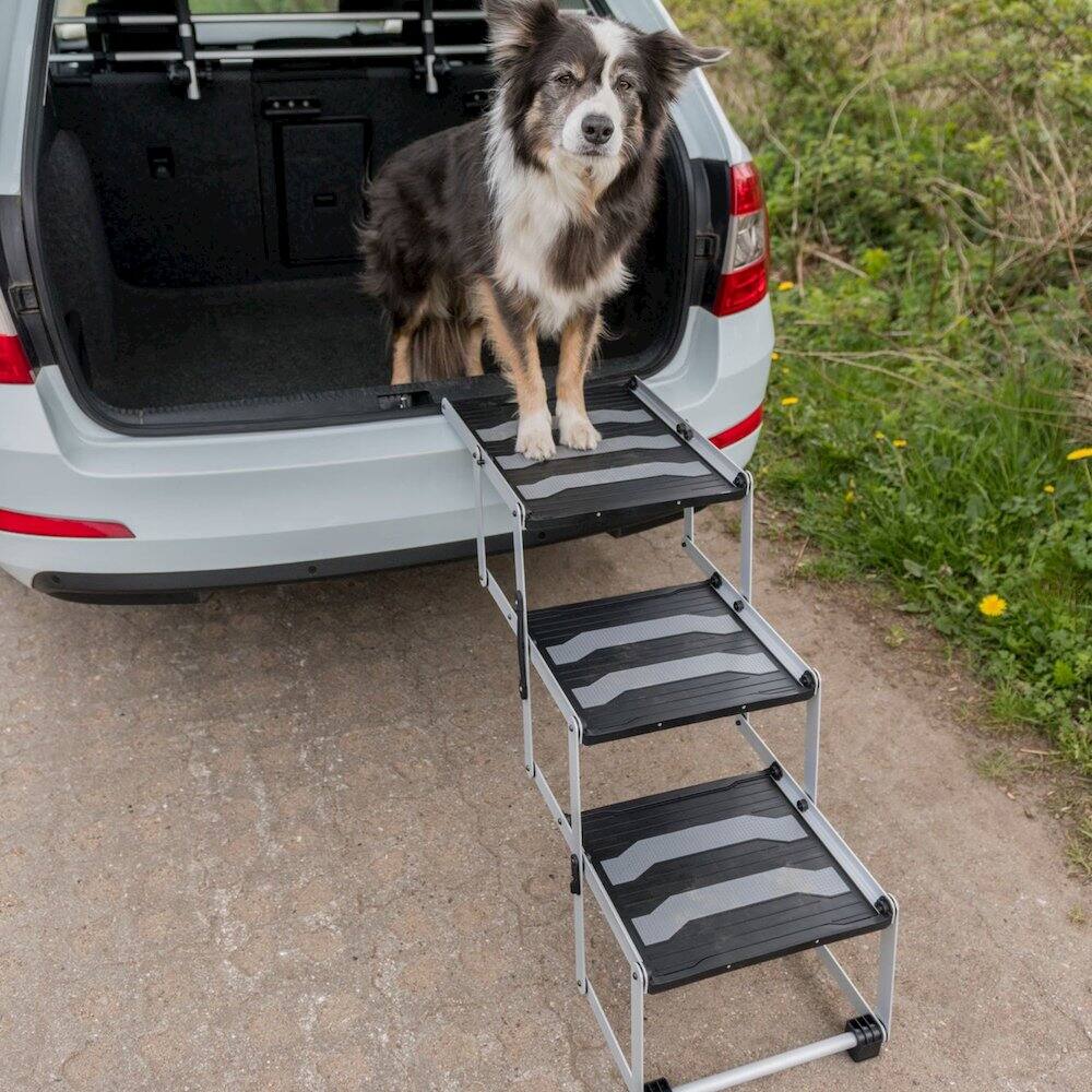 Angle. TRIXIE - Heavy Duty Foldable 3 Step Pet Stairs, Lightweight Aluminum, Portable Pet Steps - Silver/Black.