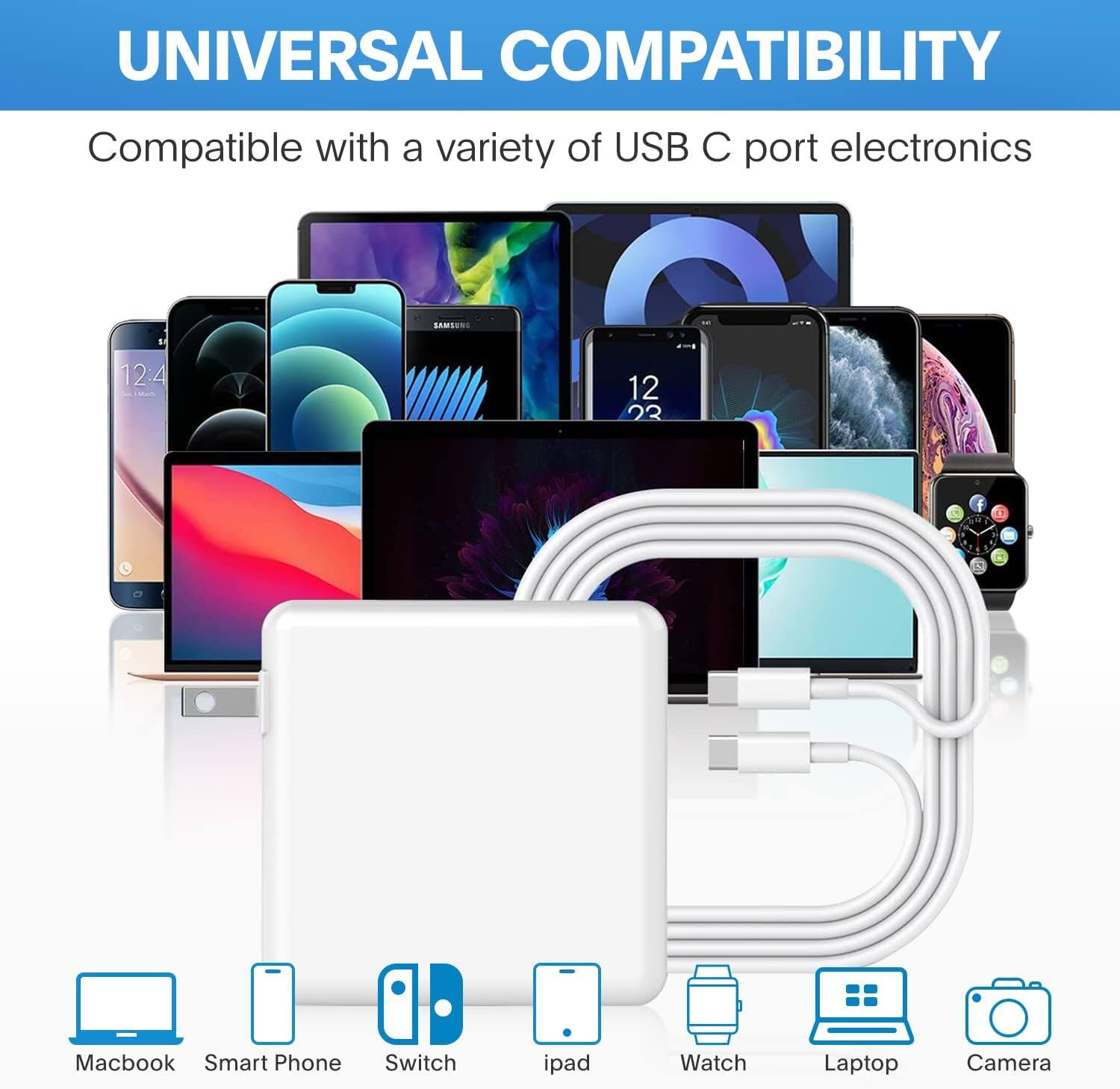 UNIVERSAL COMPATIBILITY  
Compatible with a variety of USB C port electronics  

Macbook  
Smart Phone  
Switch  
ipad  
Watch  
Laptop  
Camera