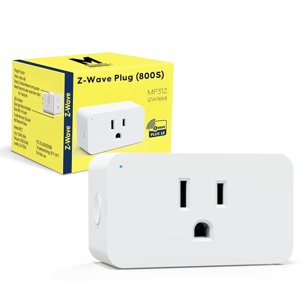 Z-Wave Plug (800S)  
MP31Z (ZW36M)  
Z-Wave Plus LR  

Features:  
- Plug-in device for controlling lights, appliances, and more  
- Works with Z-Wave compatible systems  
- Easy to install and use  
- Energy efficient  

Specifications:  
- Model: MP31Z  
- Z-Wave Plus LR  
- Input: 100-240V, 50/60Hz  
- Output: 10A, 250W  
- Dimensions: 2.5" x 1.5" x 1.5"  
- Weight: 0.5 lbs  

Certifications:  
- FCC  
- CE  
- RoHS  

For more information, visit the manufacturer's website.