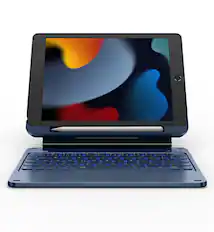 Front. Dexnor - Keyboard Case for iPad 9th/8th/7th Gen with Cantilever Magnetic Stand,Trackpad,Pencil Holder, Backlit Keyboard - Blue.