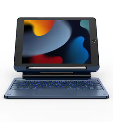 Front. dexnor - Case for iPad 9th/8th/7th Gen with Keyboard,Cantilever Magnetic Stand,Trackpad,Pencil Holder Backlit Keyboard Case - Blue.