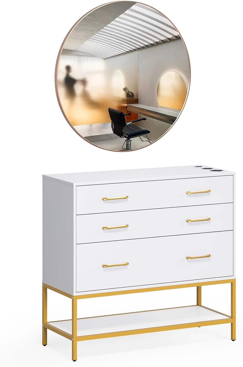 Winado - Salon Station Freestanding Hair Stylist Cabinet with Mirror, 3 Drawers, Shelf & Tool Holders for Bedroom Bathroom Spas - White & Gold