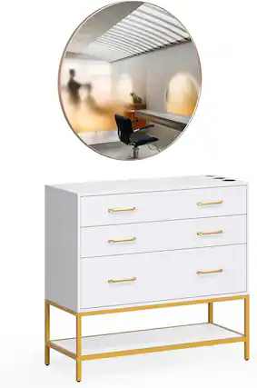Front. Winado - Salon Station Freestanding Hair Stylist Cabinet with Mirror, 3 Drawers, Shelf & Tool Holders for Bedroom Bathroom Spas - White & Gold.
