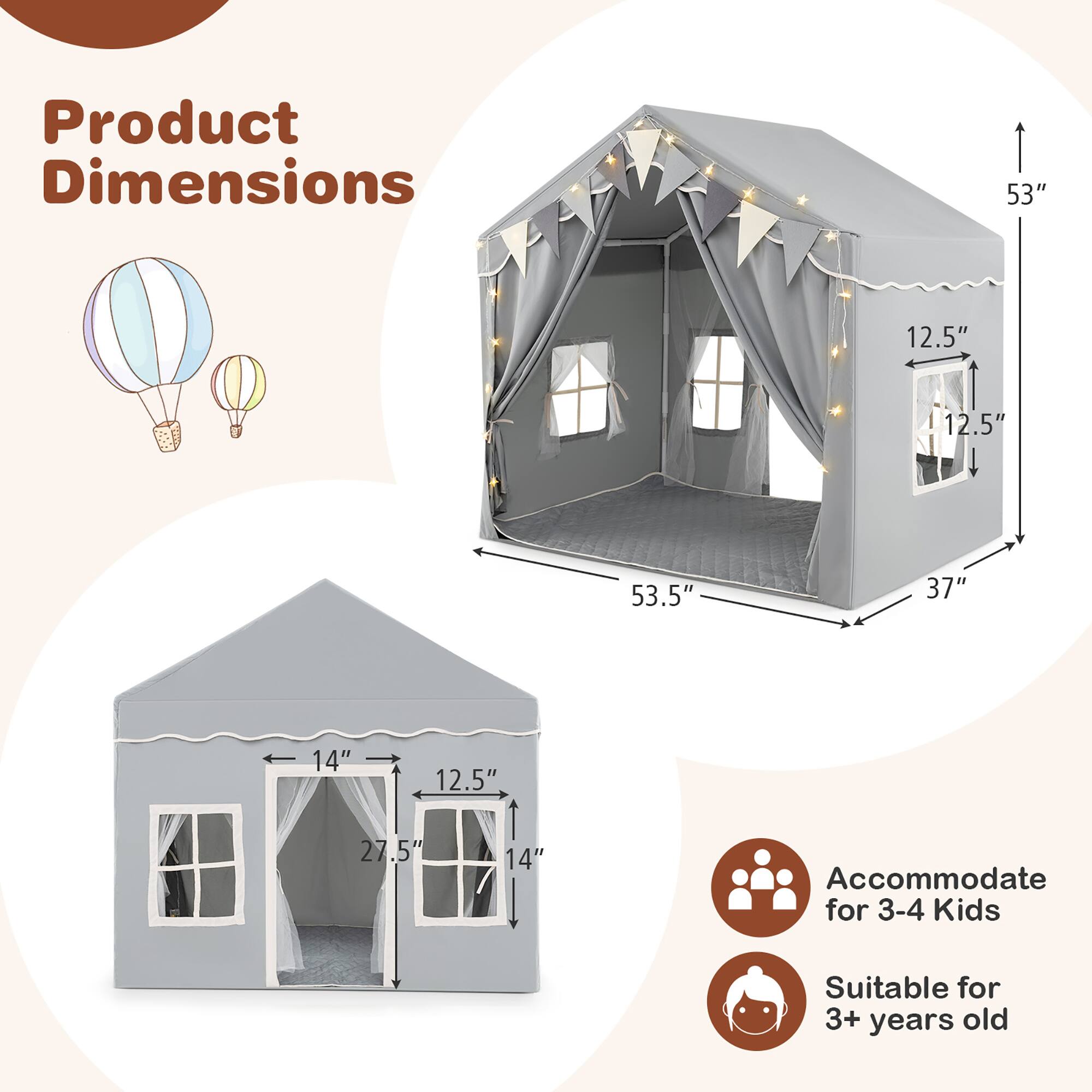 Product Dimensions  
53" x 12.5" x 12.5" x 53.5" x 37" x 14" x 12.5" x 27.5" x 14"  

Accommodate for 3-4 Kids  
Suitable for 3+ years old