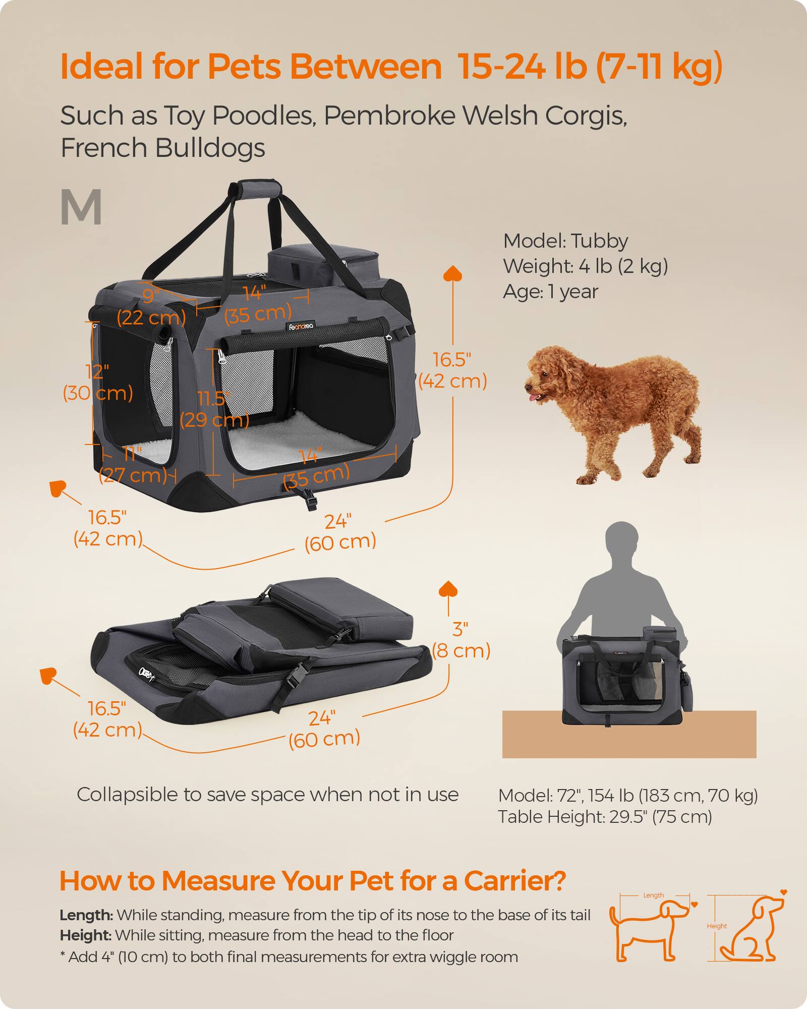 Ideal for Pets Between 15-24 lb (7-11 kg)  
Such as Toy Poodles, Pembroke Welsh Corgis, French Bulldogs  

M  
Model: Tubby  
Weight: 4 lb (2 kg)  
Age: 1 year  

9" (22 cm)  
14" (35 cm)  
12" (30 cm)  
11.5" (29 cm)  
11" (27 cm)  
16.5" (42 cm)  
24" (60 cm)  
3" (8 cm)  

Collapsible to save space when not in use  

Model: 72", 154 lb (183 cm, 70 kg)  
Table Height: 29.5" (75 cm)  

How to Measure Your Pet for a Carrier?  
Length: While standing, measure from the tip of its nose to the base of its tail  
Height: While sitting, measure from the head to the floor  
*Add 4" (10 cm) to both final measurements for extra wiggle room