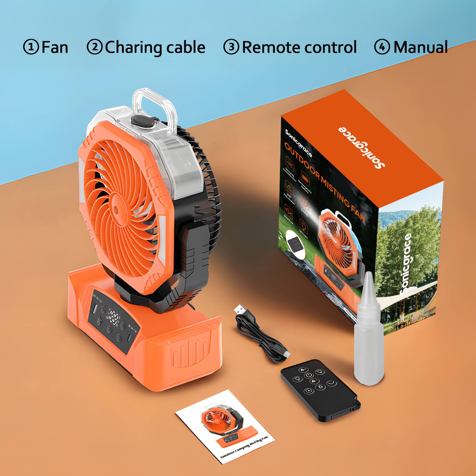 1. Fan
2. Charging cable
3. Remote control
4. Manual

10 1 - Sonicar Sonicgrace 200 OUTDOOR A - I MISTING FAN Ponicorace 4 G U D, a C GTE - mnng - . n