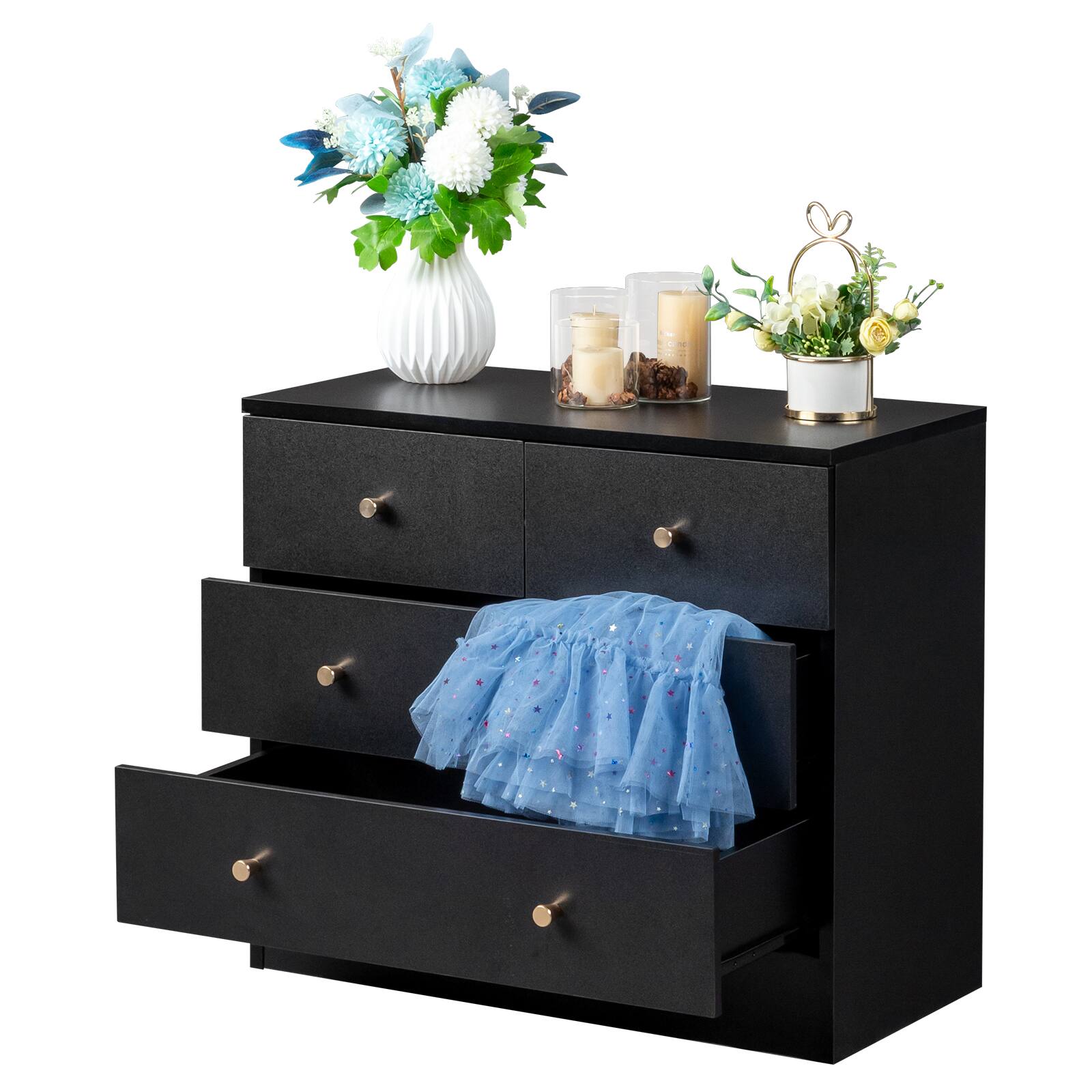 Alt View 4. Kadyn - 4 Drawer Dresser with Gold Handle, Nursery Dresser Chest Of Drawers Organizer - Black.