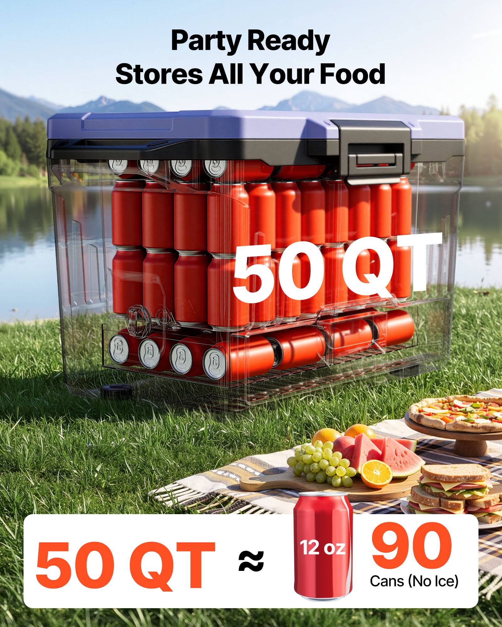 Party Ready Stores All Your Food  
50 QT  
12 oz  
90 Cans (No Ice)
