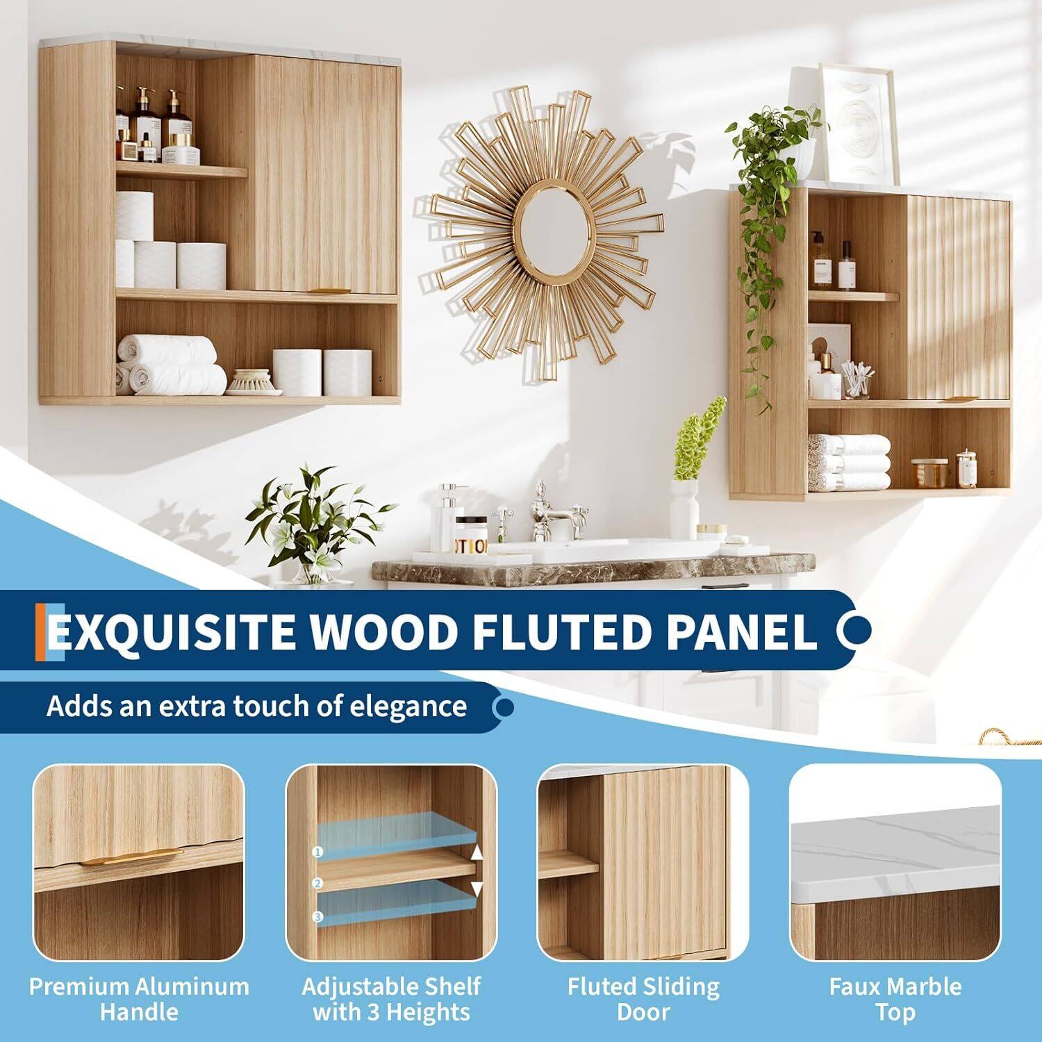 **EXQUISITE WOOD FLUTED PANEL**

Adds an extra touch of elegance

- Premium Aluminum Handle
- Adjustable Shelf with 3 Heights
- Fluted Sliding Door
- Faux Marble Top