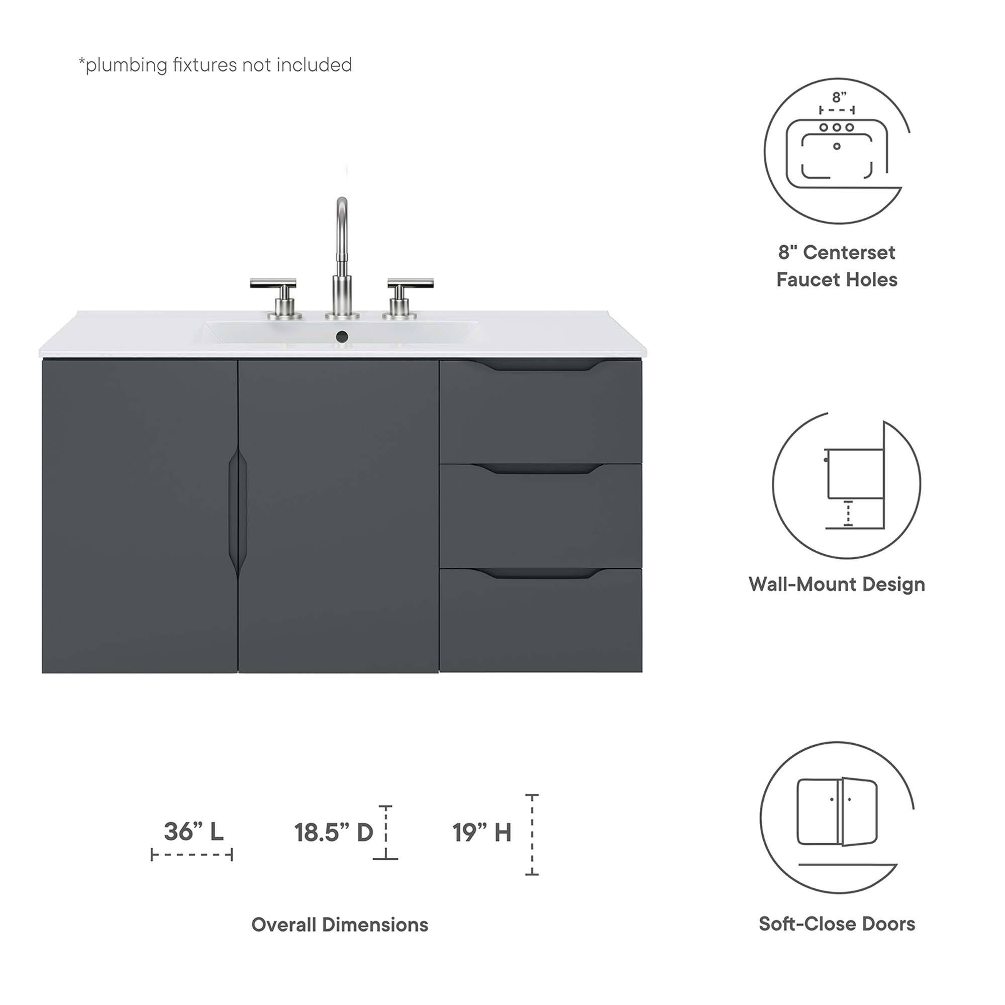 *plumbing fixtures not included

8" Centerset Faucet Holes

Wall-Mount Design

36" L x 18.5" D x 19" H Overall Dimensions

Soft-Close Doors