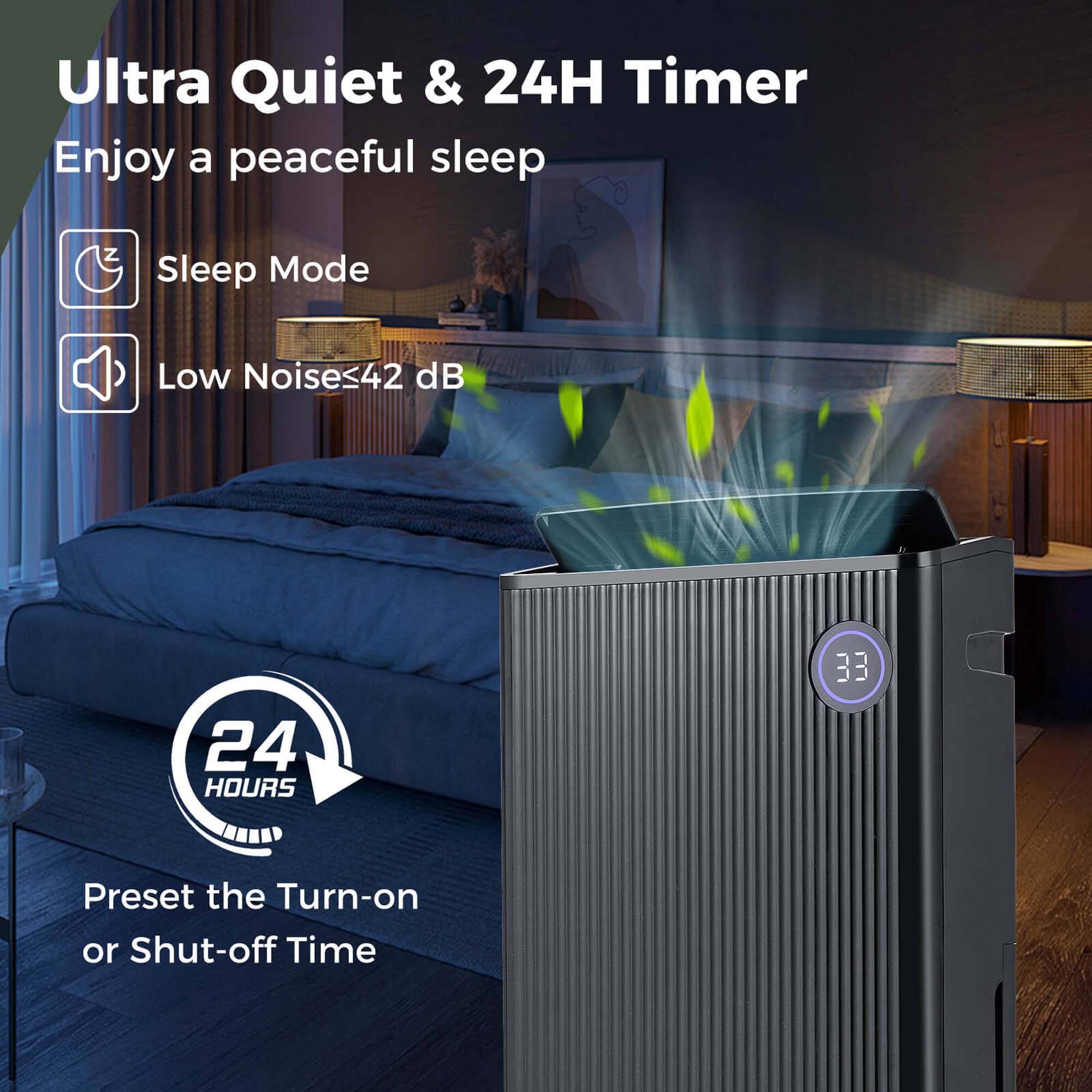 Ultra Quiet & 24H Timer: Enjoy a peaceful sleep with the Sleep Mode, which produces low noises of only 42 dB. You can also set the Turn-on or Shut-off Time for 24 hours with 33 presets.