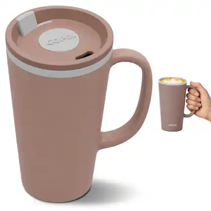 Front. Copco - Copco Cone Desk Mug, 16 oz Double Wall Insulated Coffee Cup with Twist-Off Lid & Handle - Brown.