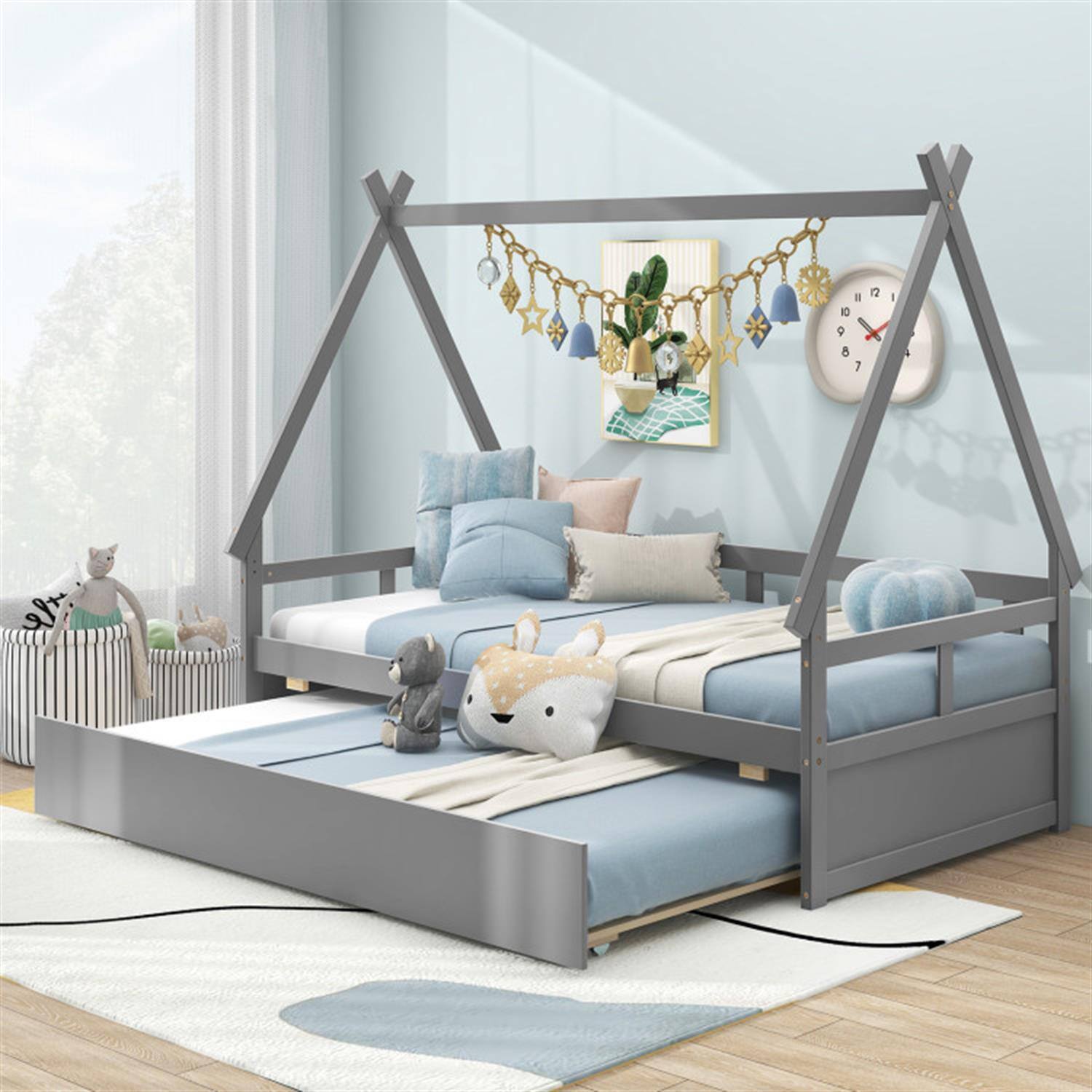 Back. Pefilos - Twin Size House Bed Frames with Trundle and Safety Guardrail, Modern Platform Bed Frames for Teens, Gray - Gray.