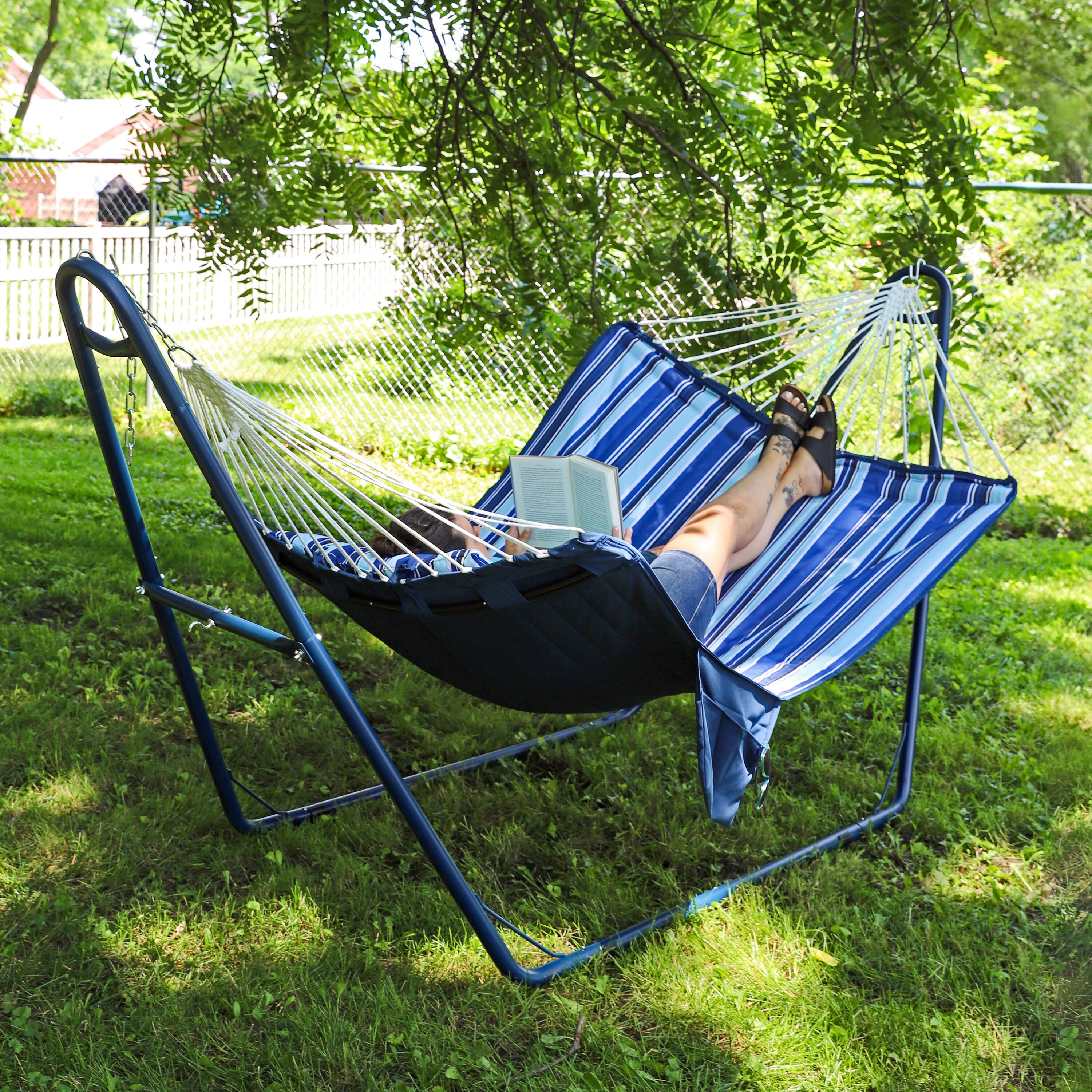 Alt View 5. Sunnydaze - Metal Spreader Bar Hammock with Pillow - Catalina Beach.