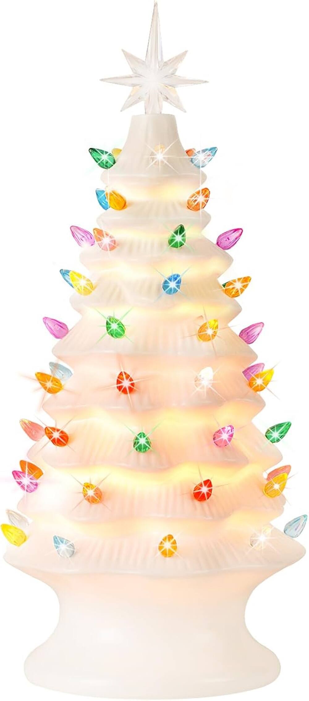 Front. Nordic Hygge - 16.5-Inch Hand-Painted Resin Christmas Tree with Lights with Multicolored LED Bulbs White - White.
