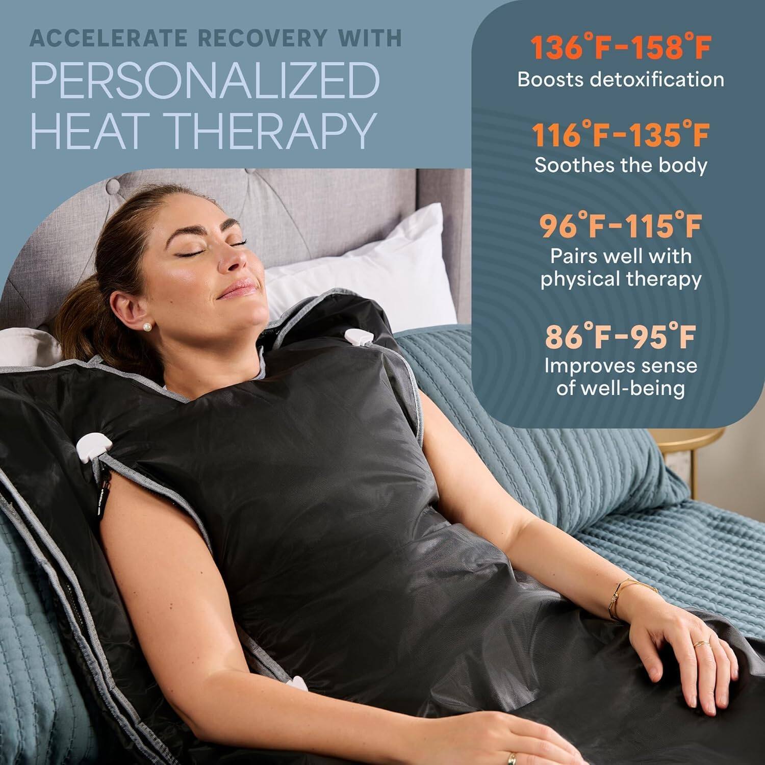 ACCELERATE RECOVERY WITH PERSONALIZED HEAT THERAPY

136°F-158°F  
Boosts detoxification

116°F-135°F  
Soothes the body

96°F-115°F  
Pairs well with physical therapy

86°F-95°F  
Improves sense of well-being