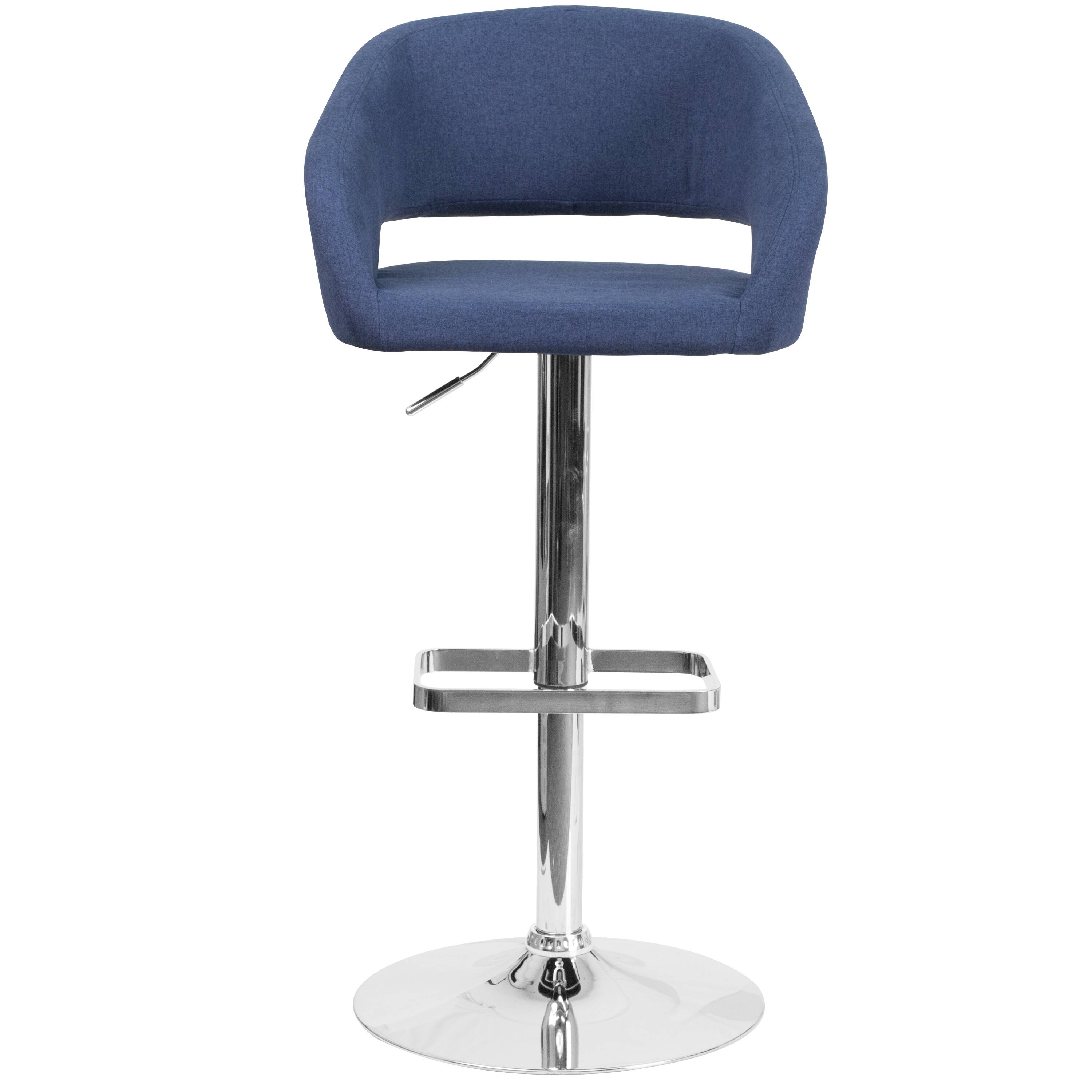 Alt View 7. Emma + Oliver - Shae Contemporary Upholstered Adjustable Height Barstool with Rounded, Cutout Mid-Back and Pedestal Base - Blue Fabric/Chrome Frame.