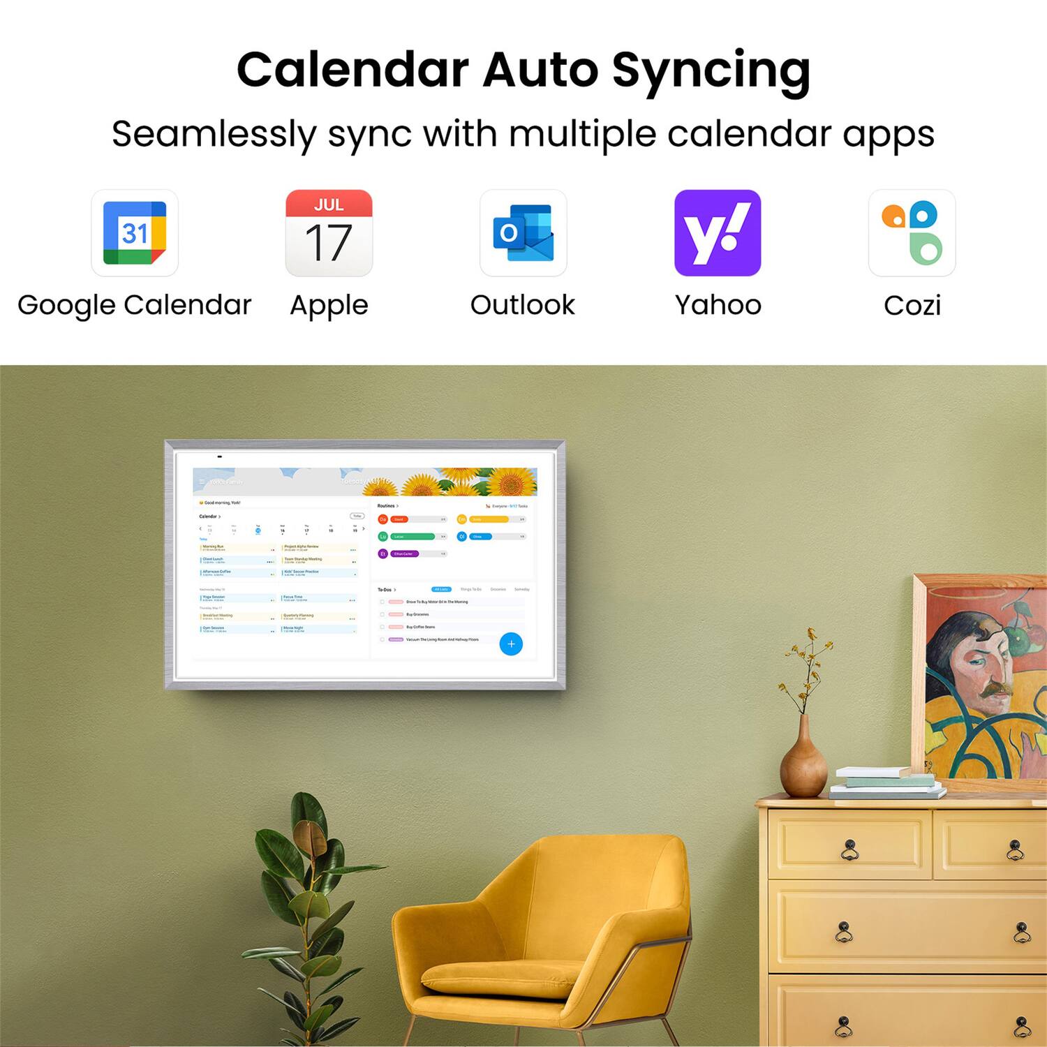 Calendar Auto Syncing  
Seamlessly sync with multiple calendar apps  

- Google Calendar  
- Apple  
- Outlook  
- Yahoo  
- Cozi