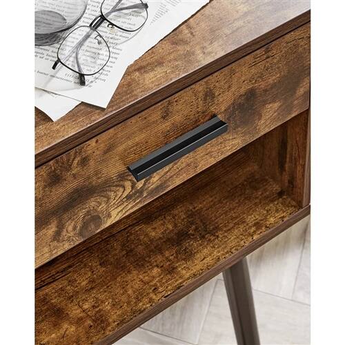 Back. Hivvago - Mid-Century Modern Farmhouse 1-Drawer Nightstand with Open Shelf - Black, Rustic Brown.