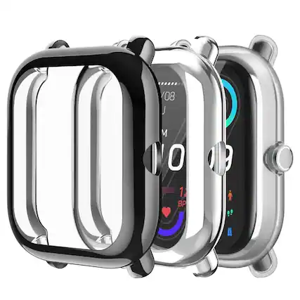 Front. Stock Preferred - 3 Packs Screen Protector Case For Amazfit GTS 2 Mini/Bip U Pro TPU Bumper Cover Black/Clear/Silver - Black/Clear/Silver.