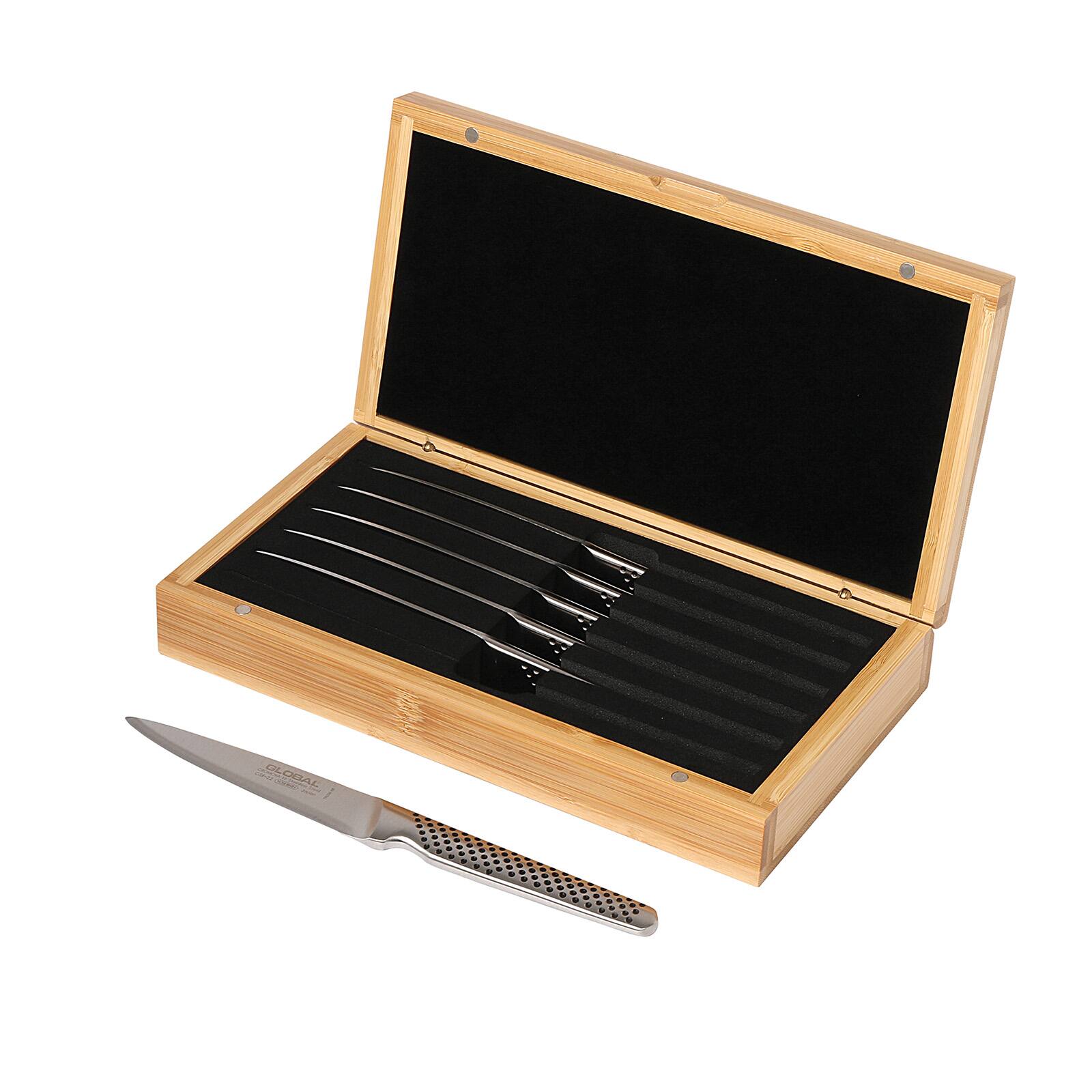 Front. Global - 6-Piece Steak Knife Set with Bamboo Box - Silver.