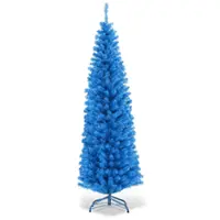 Costway - 6FT Unlit Pencil Slim Tree Artificial Christmas Tree Metal/Blue - Blue - Front_Zoom