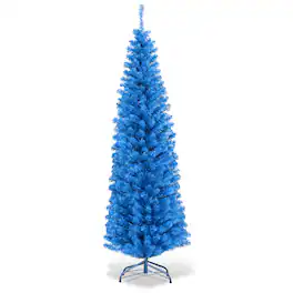 Costway - 6FT Unlit Pencil Slim Tree Artificial Christmas Tree Metal/ - Blue