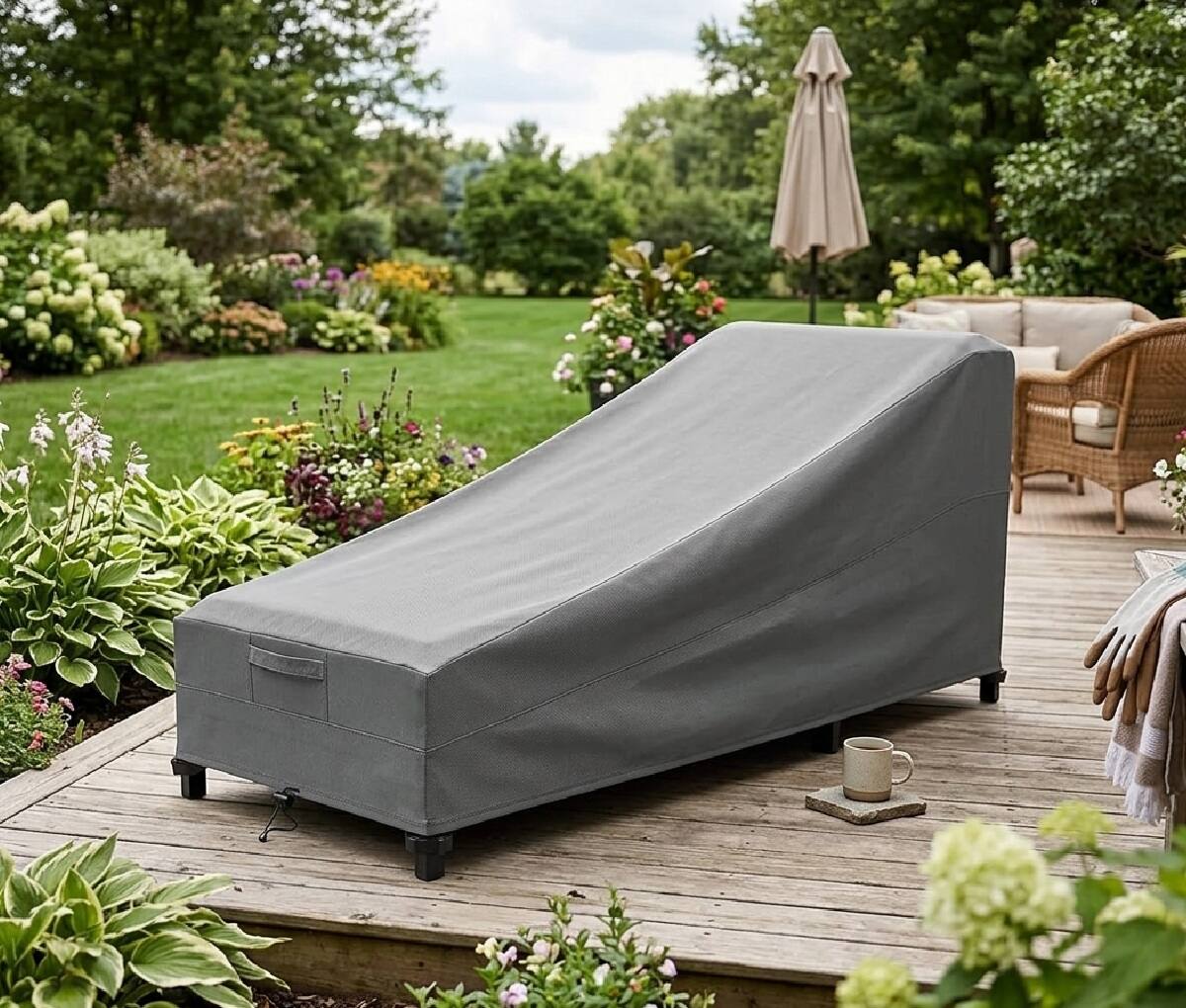 Angle. KHOMO GEAR - Heavy-Duty Patio Chaise Lounge Chair Cover, Waterproof Outdoor Furniture Protector, Fade & Weather Resistant - Grey.