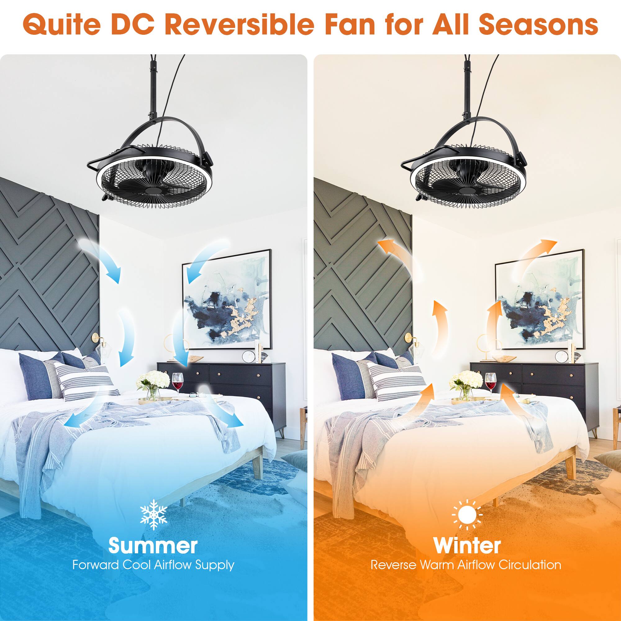 Quite DC Reversible Fan for All Seasons

Summer  
Forward Cool Airflow Supply

Winter  
Reverse Warm Airflow Circulation