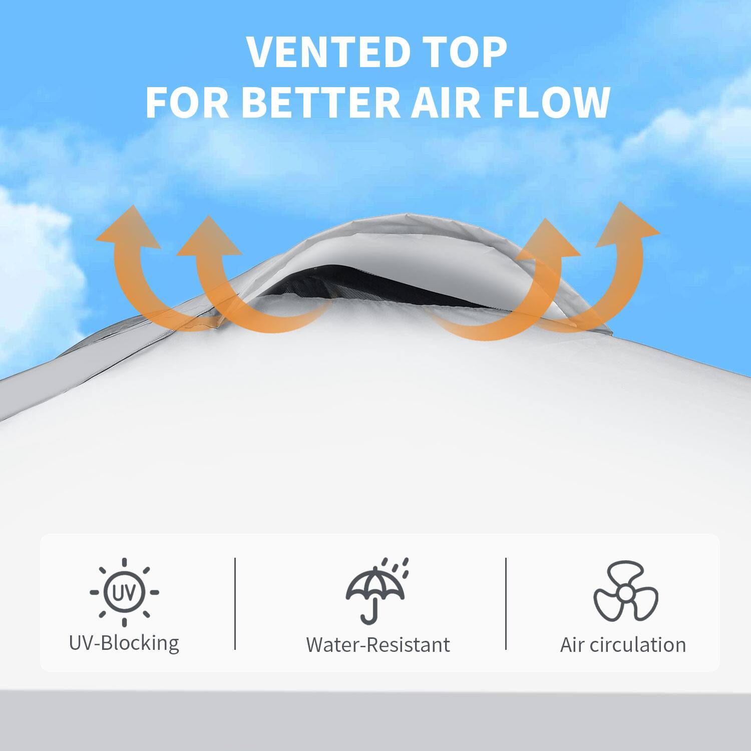 VENTED TOP FOR BETTER AIR FLOW

- UV-Blocking
- Water-Resistant
- Air circulation