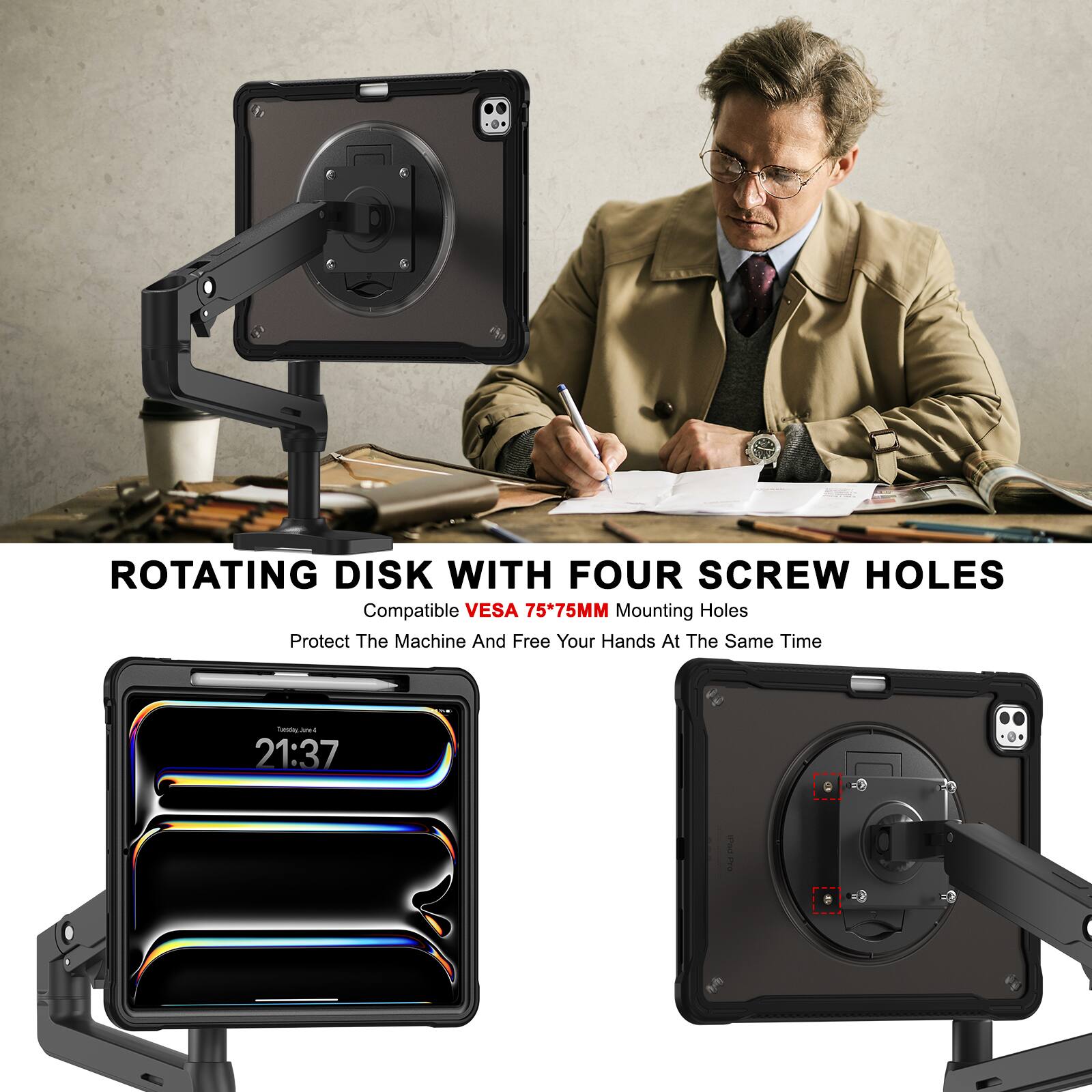 ROTATING DISK WITH FOUR SCREW HOLES  
Compatible VESA 75*75MM Mounting Holes  
Protect The Machine And Free Your Hands At The Same Time  

21:37  

FOUR SCREW HOLES  
*75MM Mounting Holes  
Free Your Hands At The Same Time