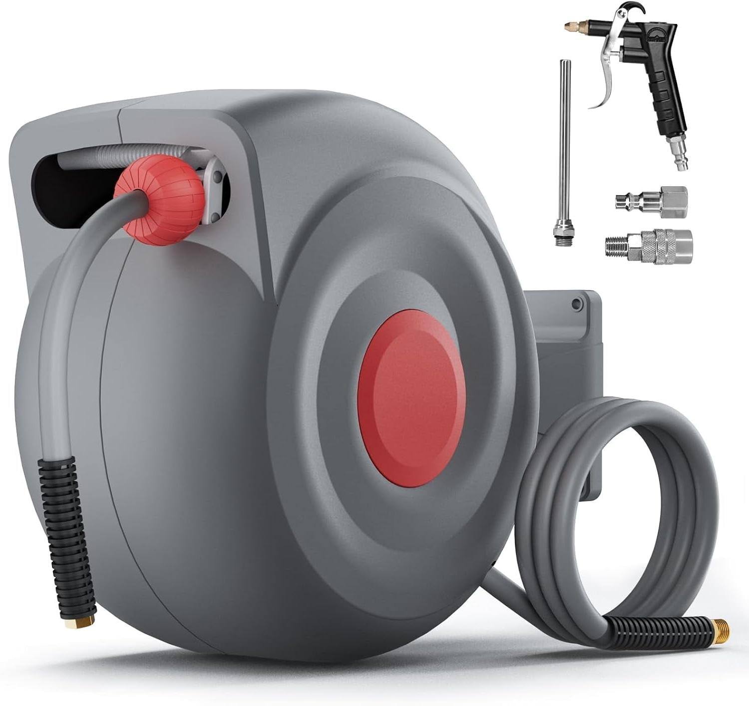 Front. Mirfee - 50Ft Auto-Rewind Air Hose Reel 3/8In with Blow Gun, Any-Length Lock & 180° Swivel Mount - Gray.