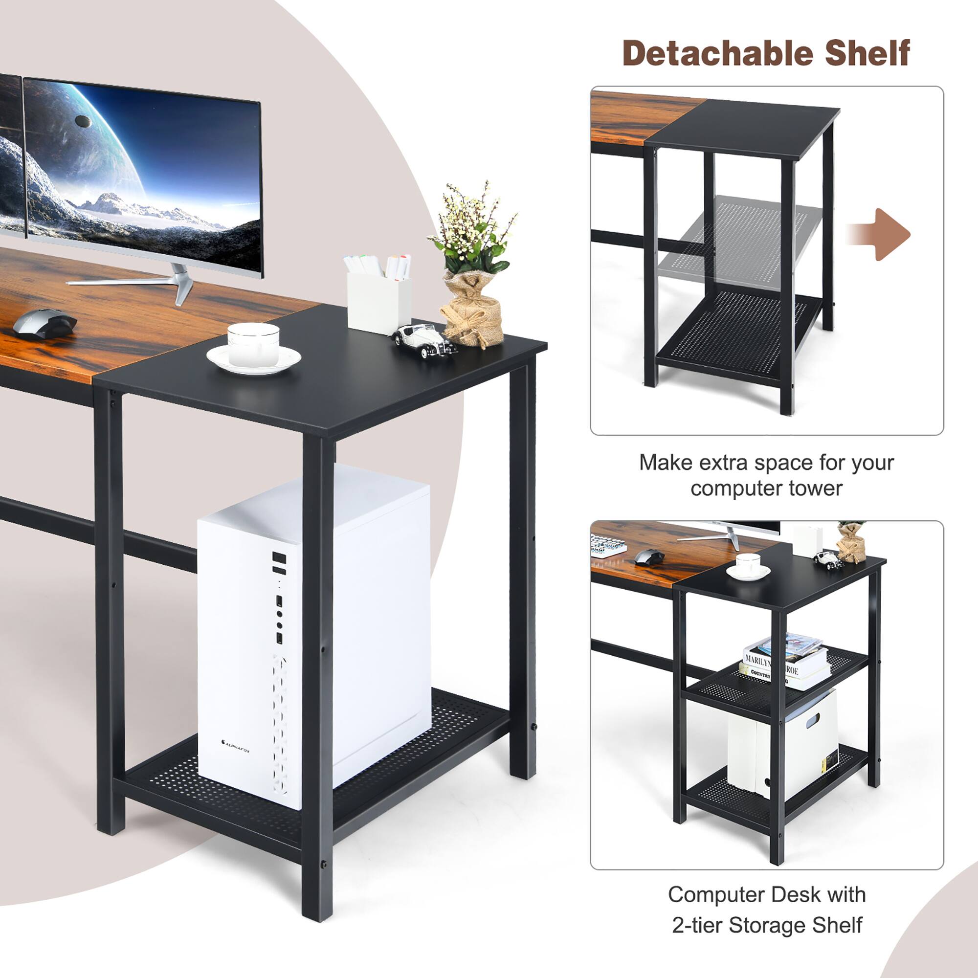 Detachable Shelf Make extra space for your computer tower Computer Desk with 2-tier Storage Shelf